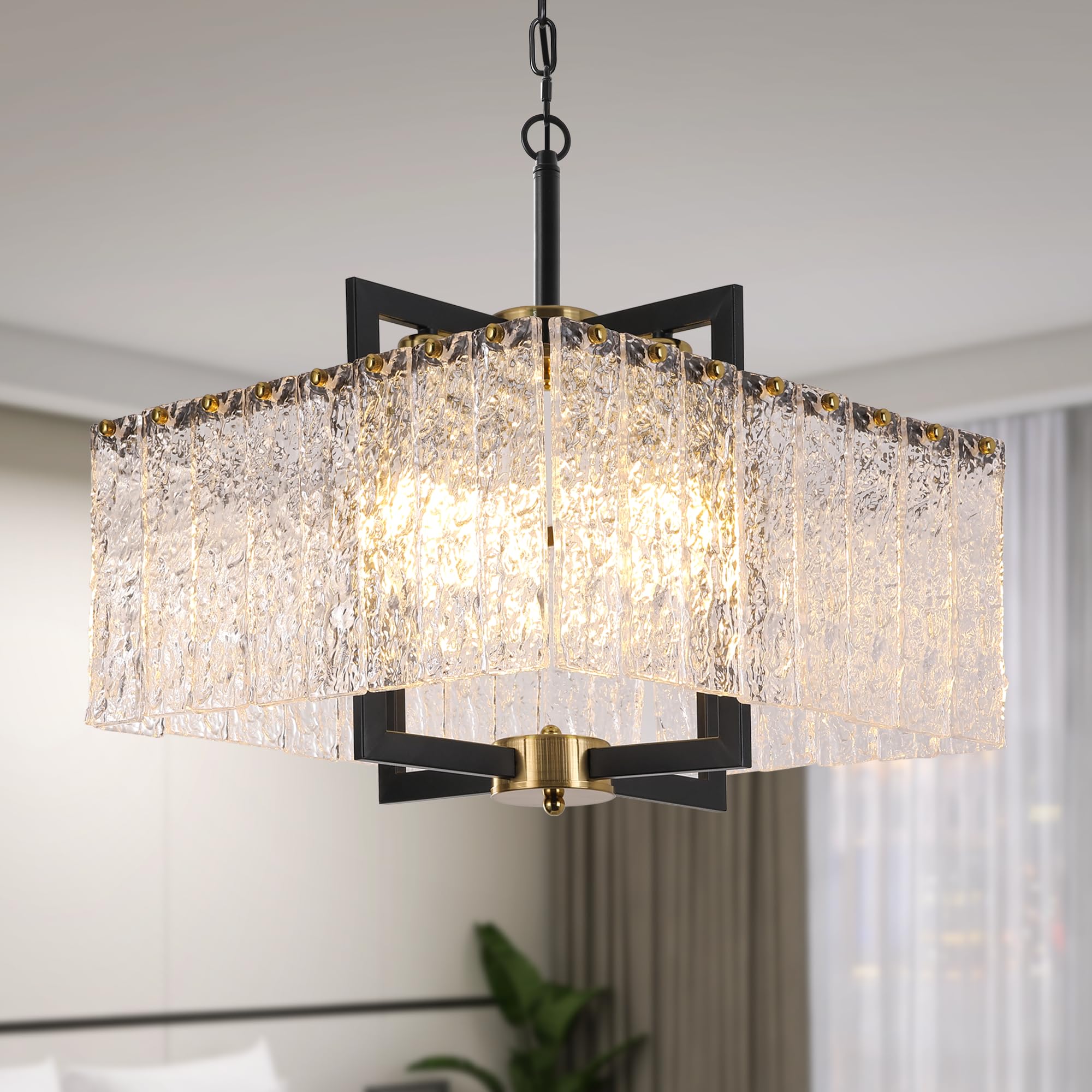 KINGTORO 4-Light Dining Room Light Fixture 16 inch Square Lndustrial Adjustable Chorm Black Metal Pendant Chandeliers Light for Kitchen Island Dining Room Living Room Flat Inclined Ceiling Entryway
