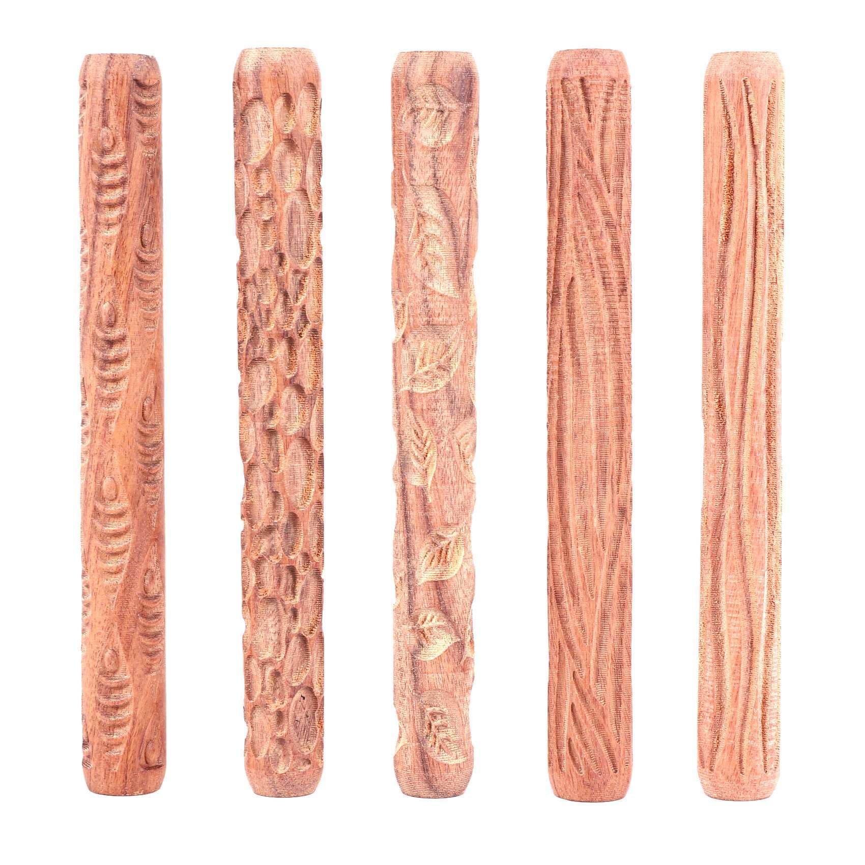 qimoi 5PCS Pottery Tools Wood Hand Rollers for Clay Clay Stamp Clay Pattern Roller