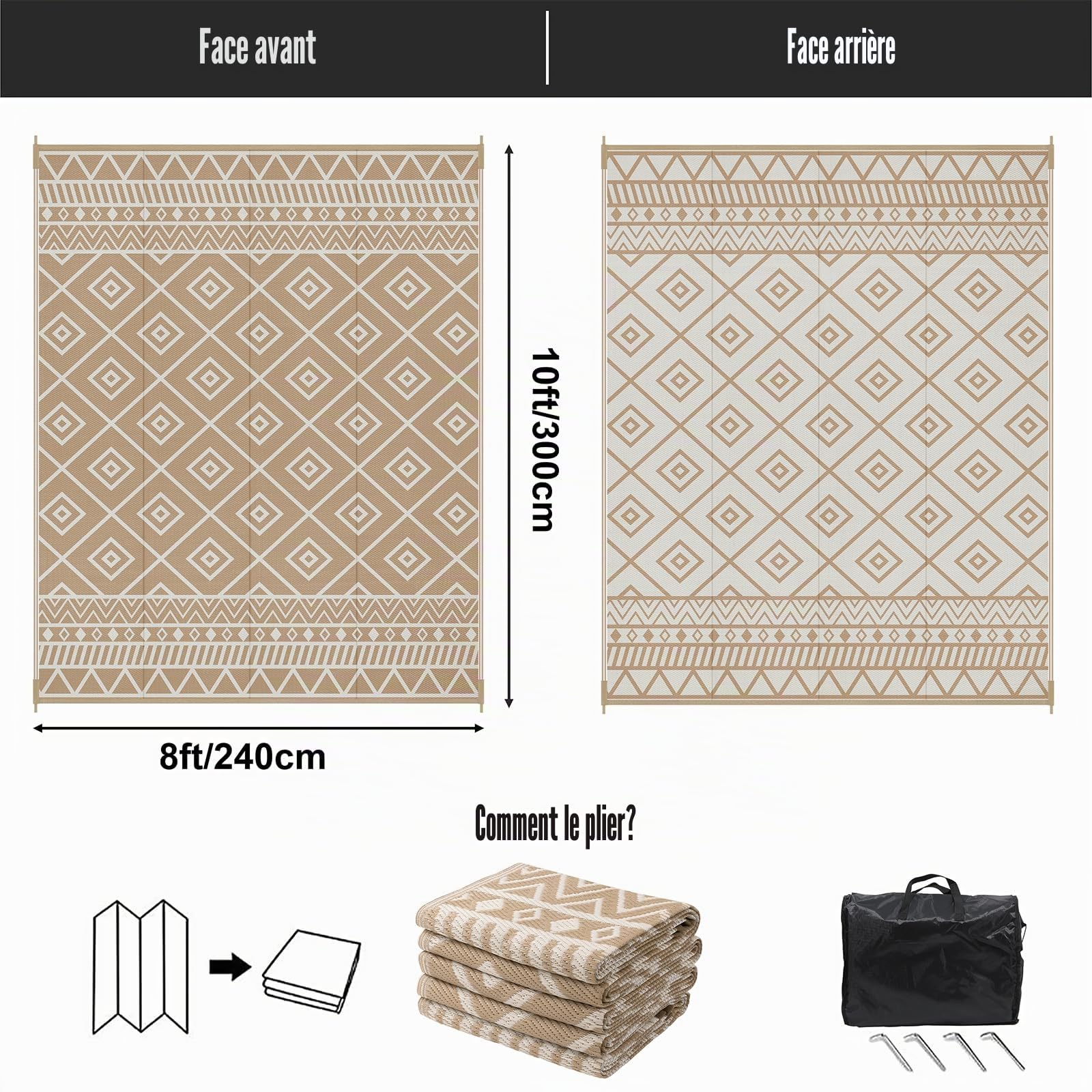 Enyhom Tapis d'extérieur Résistant aux Intempéries 240 x 300 cm, en Plastique Grande Fermeture éclair - Tapis d'extérieur Réversible pour Balcon, Camping, Plage, Jardin d'hiver