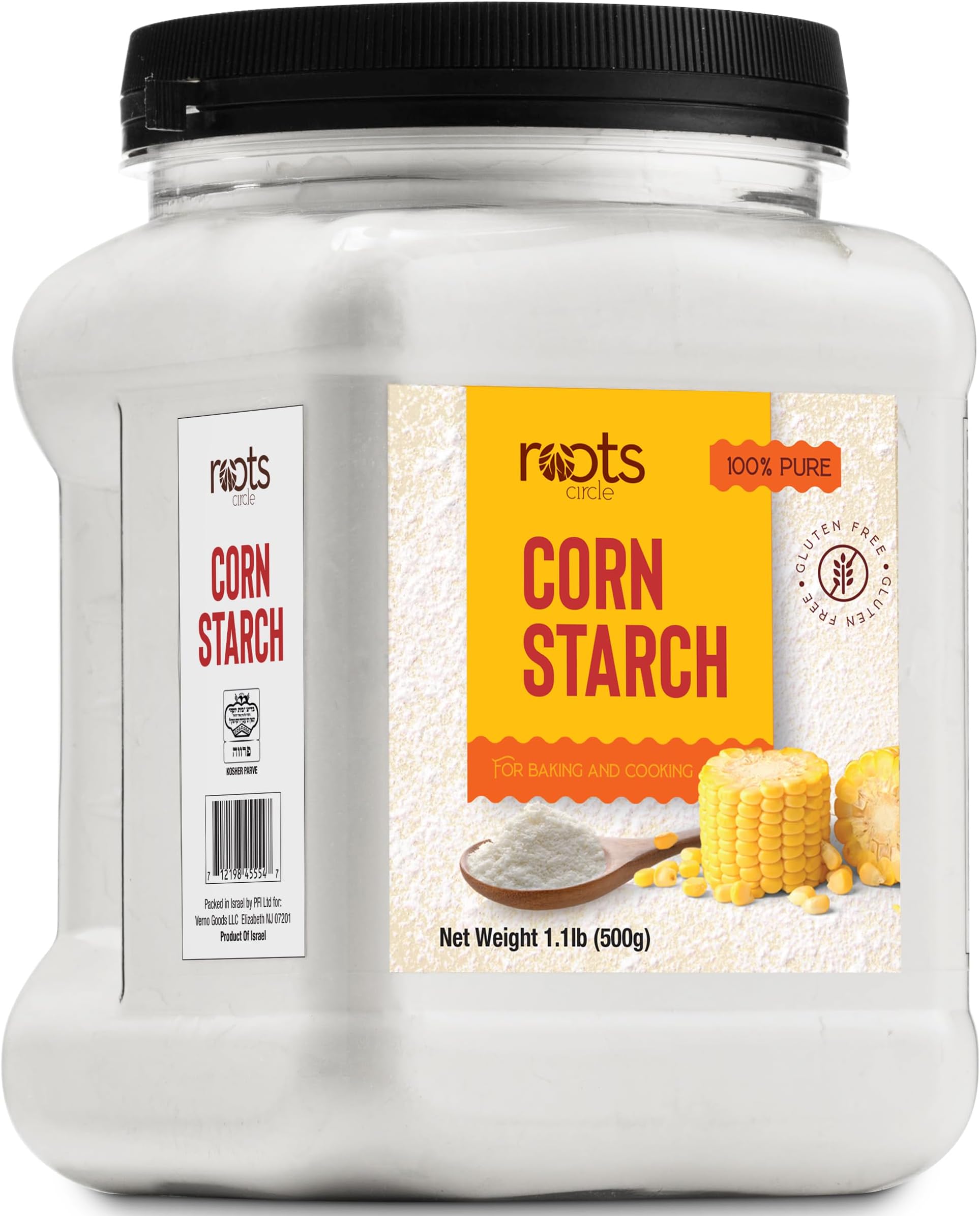 Roots Circle 100% Pure Corn Starch |17.63oz Airtight Container | All Natural Thickener for Soups, Stews, Gravy, Baking Pies, Puddings & Cakes | Gluten-Free, Non-GMO, Vegan, Kosher, Food-Grade