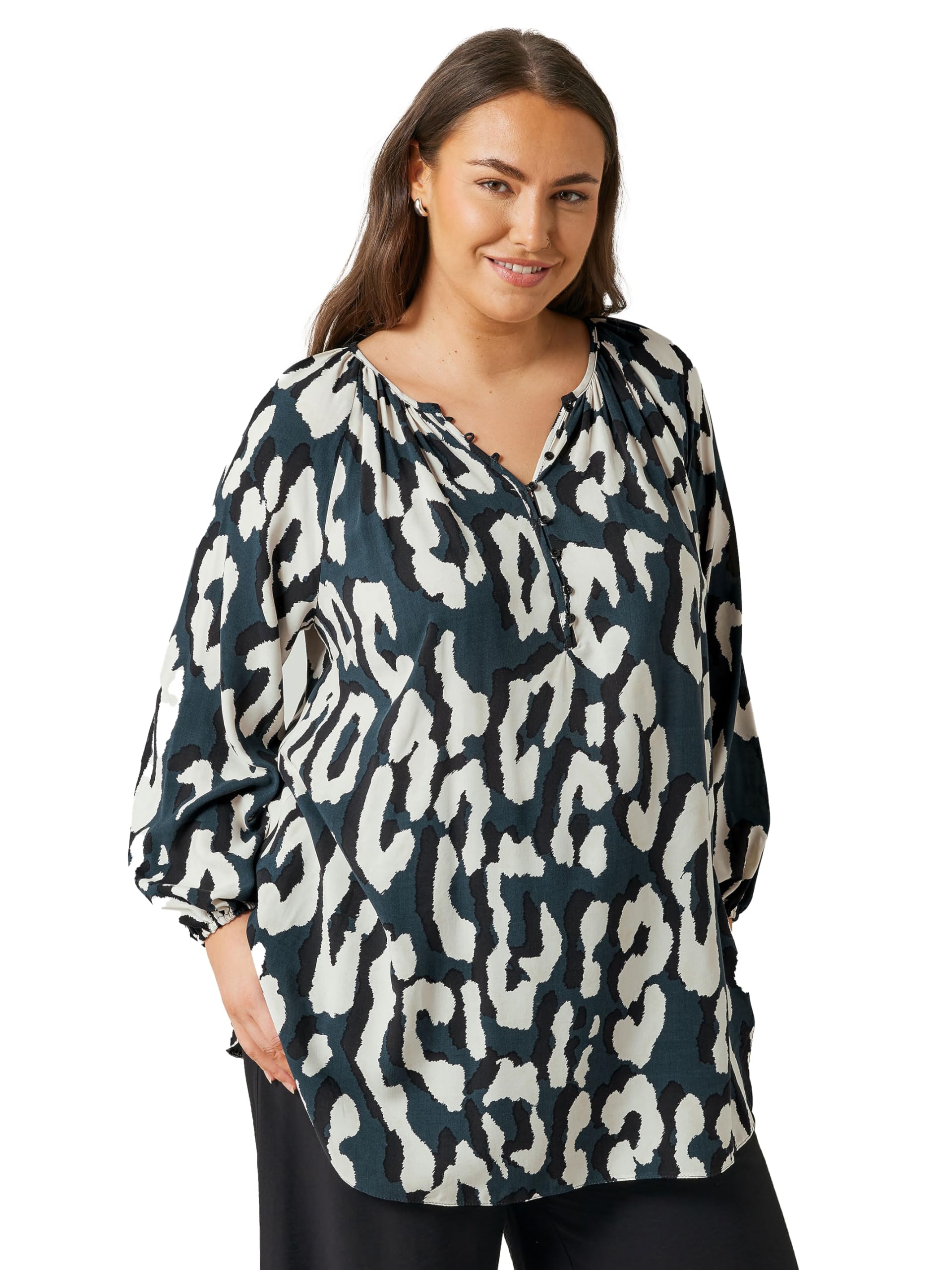 Evans Long Sleeve Blouse Blue Animal Print Button Up Woven Fabric Curved Hem - Female Size 20