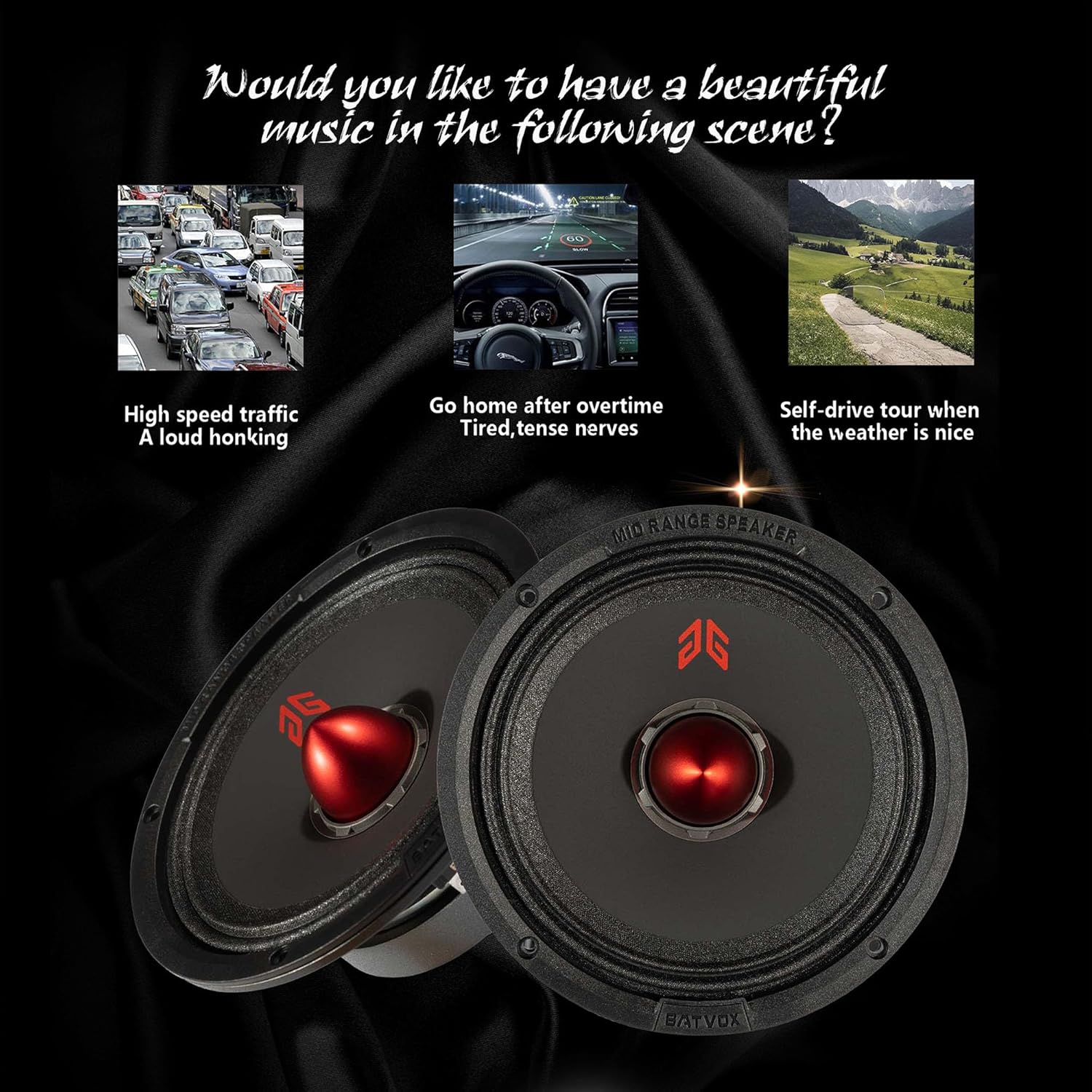 MX65E1 Midrange Loudspeaker 6.5" Red Bullet, 400W Max, 6 Ohms, Premium Quality Audio Door Speakers for Car or Truck Stereo Sound System, Black (2 Speaker)