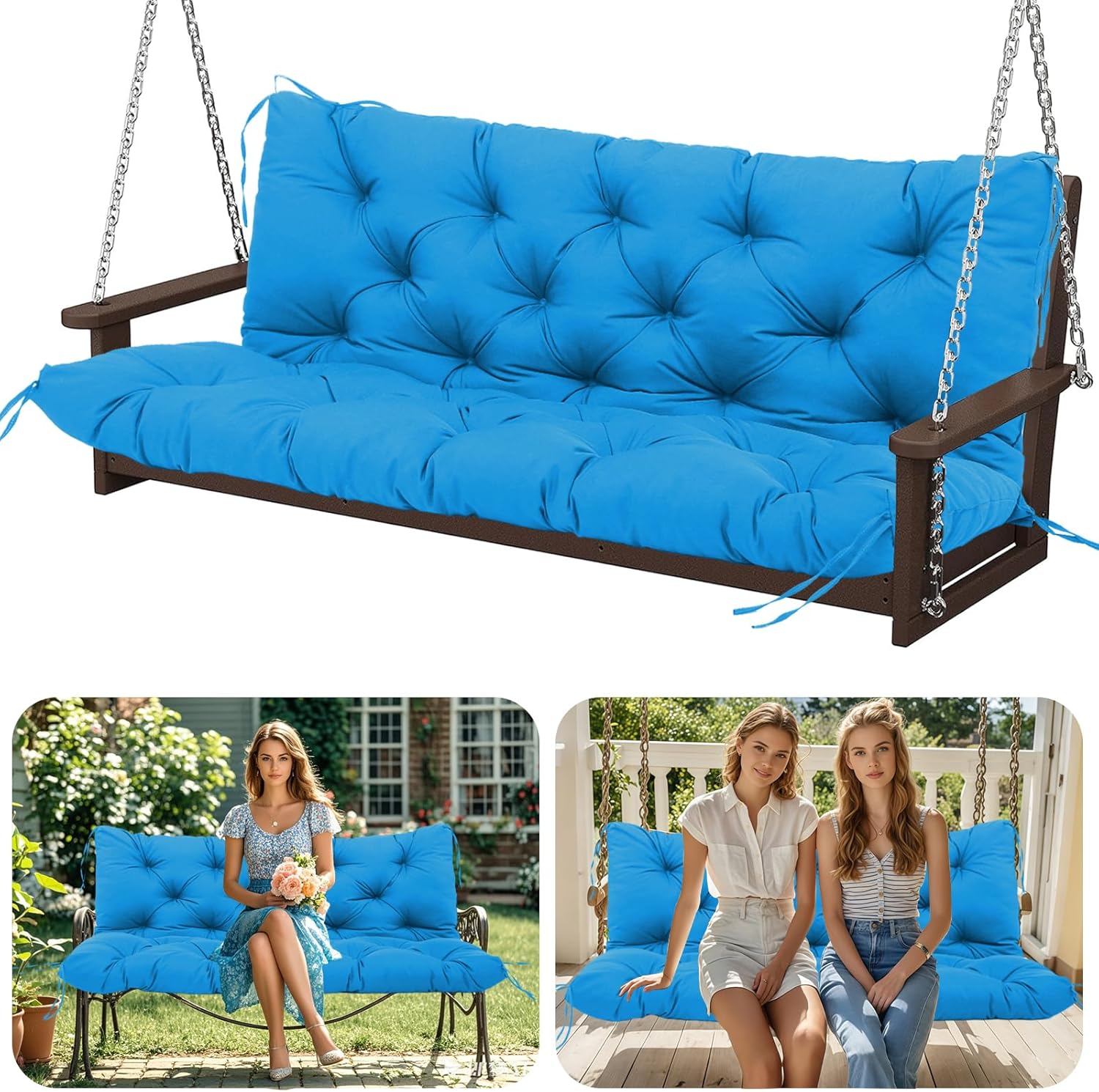 Porch Swing Cushions 60 inch with Ties 2-3 Seater Waterproof Swing Replacement Cushion Thicken 5" Outdoor Swing Cushions for Garden Bench Patio Backyard (Peacock Blue)