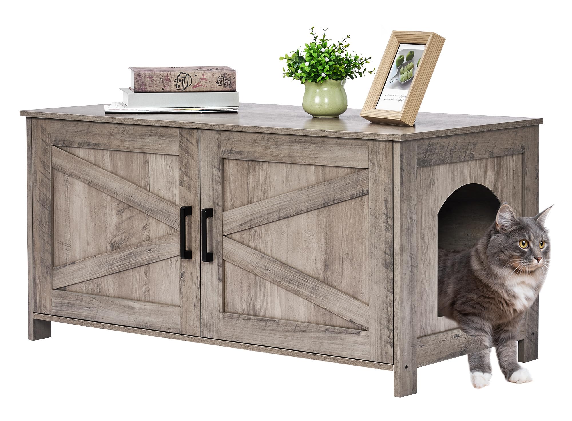 Homhedy 39.4" L Cat Litter Box Enclosure, Pet House with Barn Door, Wooden Cat Washroom Furniture, Fit Most of Litter Box, GreigeHomhedy 39.4" L Cat Litter Box Enclosure, Pet House…