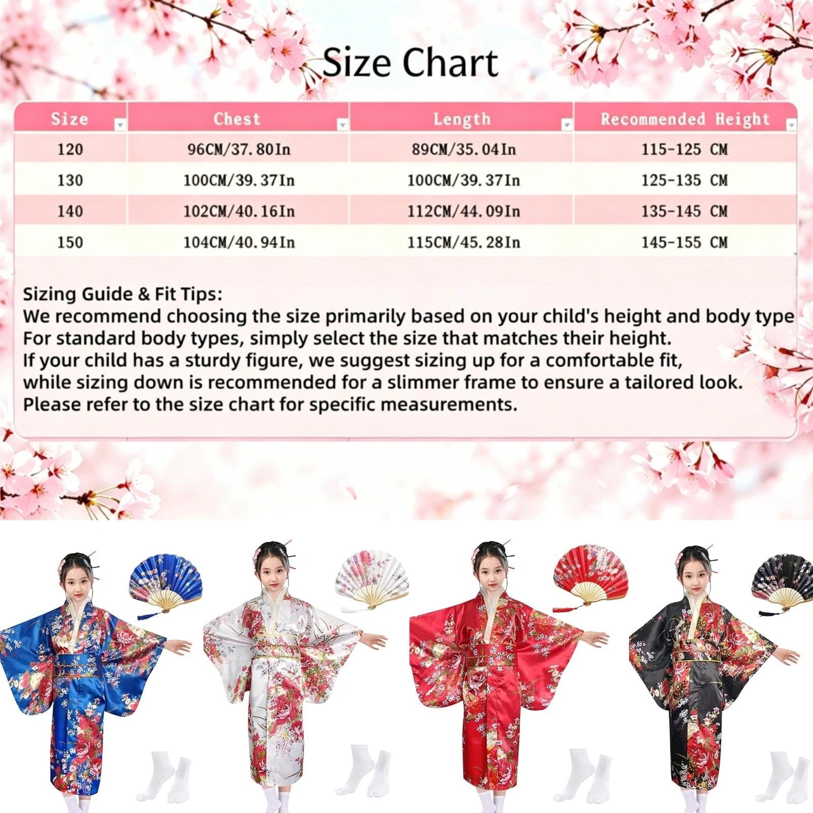 Kimono Japonais pour Filles,Robe Yukata Japonaise,Robe Kimono Satin pour les Enfants,Robe de Soirée de Jeu de Rôle Anime pour les Filles avec Eventail Pliant et Chaussettes Tabi