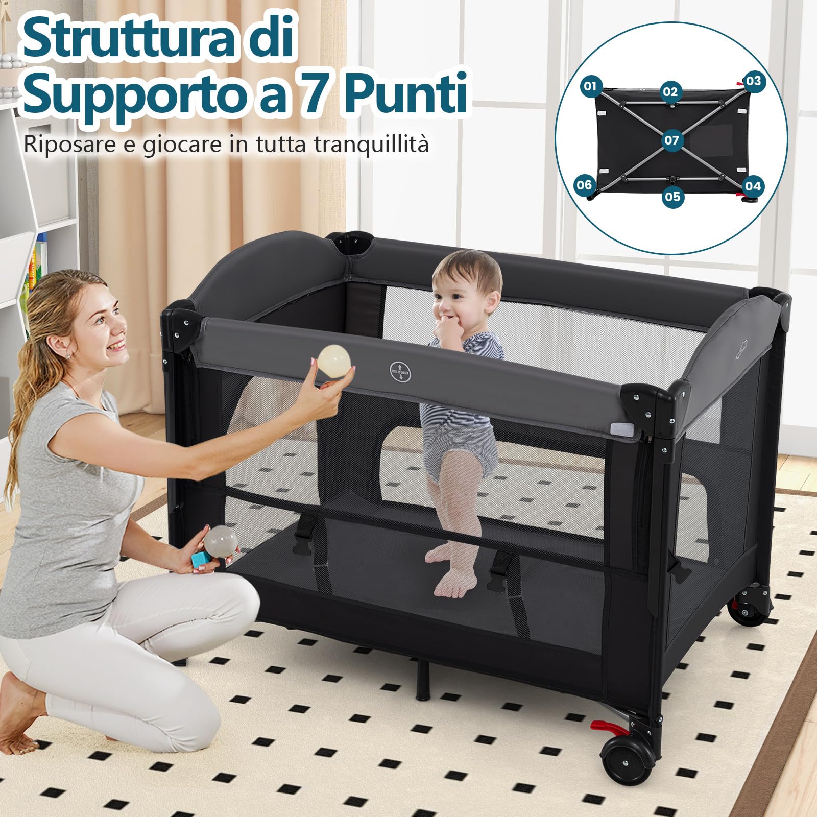 RELAX4LIFE 4 in 1 Lettino Neonato con Baldacchino Retrattile, Culla da Campeggio con Fasciatoio e Cintura di Fissaggio, Altezza Regolabile in 4 Livelli, Adatto a Bambini da 0 a 36 Mesi