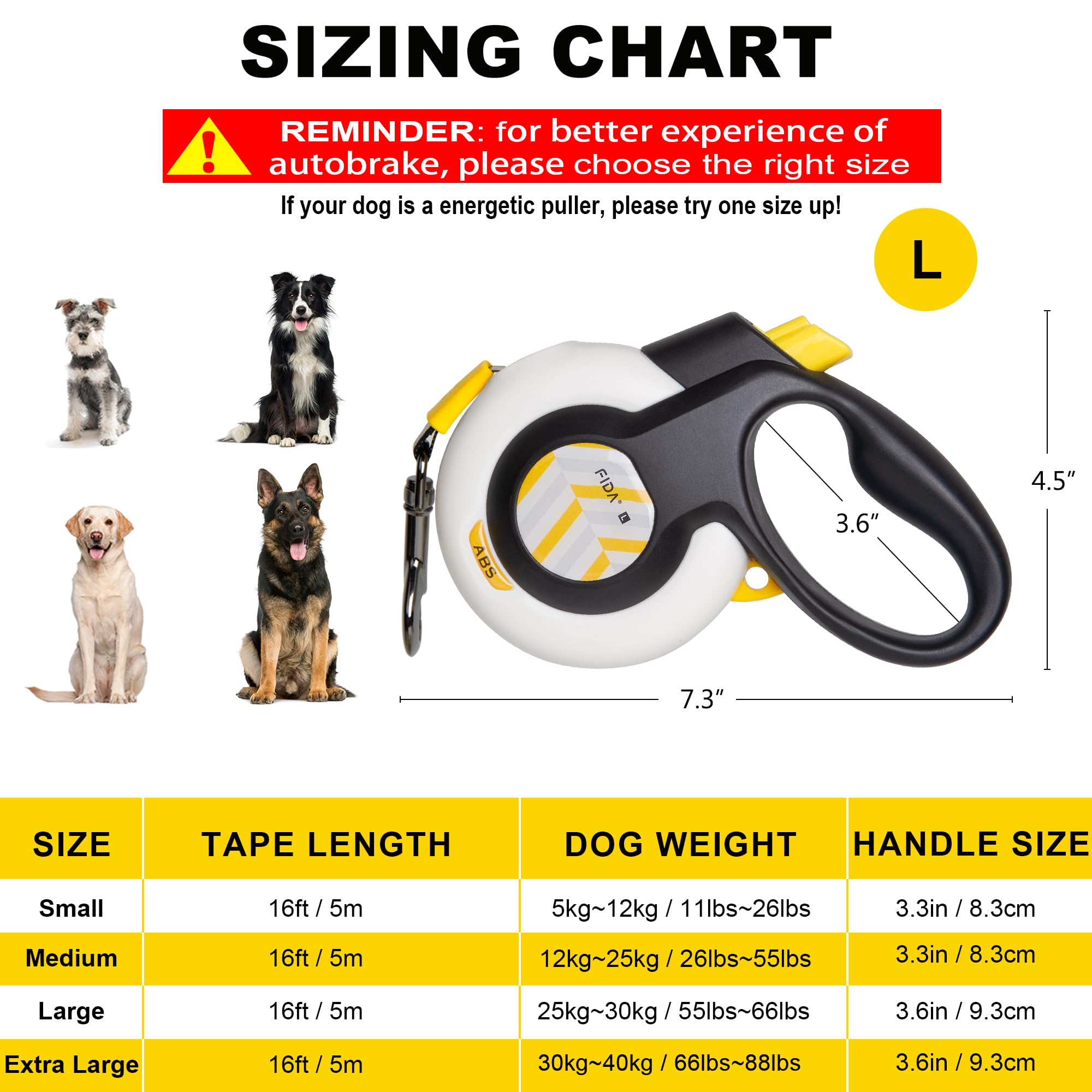 FIDA AutoBrake Hundeleine für Hunde, patentiertes Design ohne Ziehen, 5m schwere Rollleine für große Hunde, L