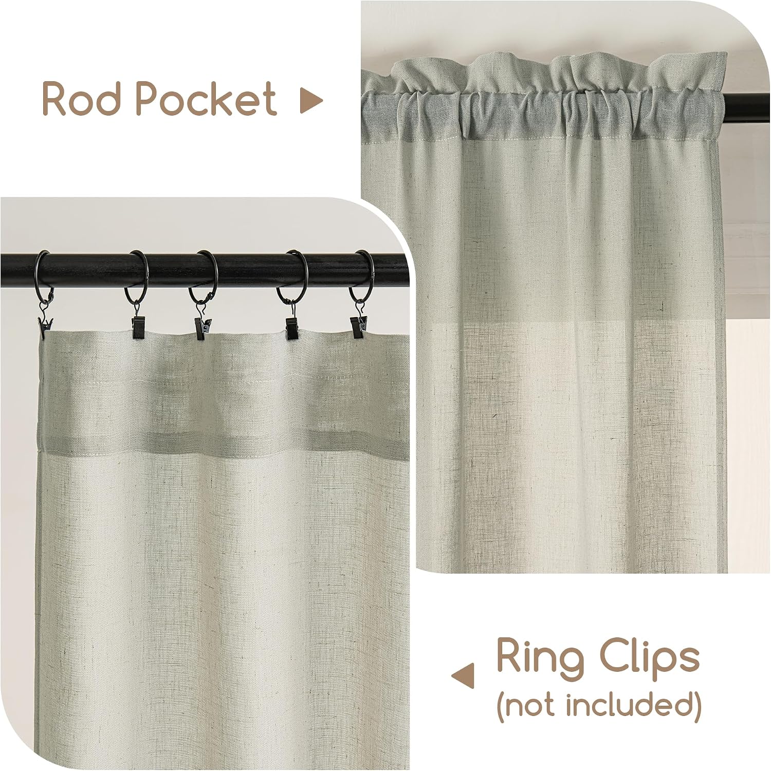 Beige Flax Extra Long Linen Curtains 132 Inches Long for Living Room High Ceiling Bedroom Window Drapes Light Filtering Window Treatment Semi Sheer Curtains 2 Panels Set Rod Pocket 40x144