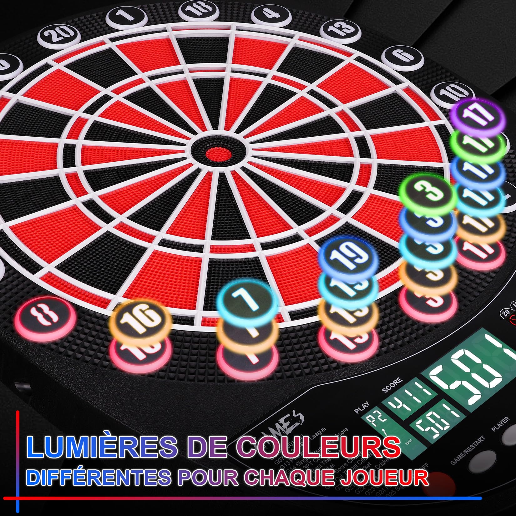 Cible de fléchettes électronique Professionnelle 34 Jeux avec 354 Variantes 3 Langues : Allemand, Anglais, français pour 1 à 8 Joueurs avec 12 fléchettes