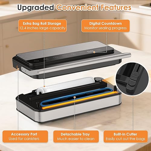 Miniatura 4 de VUSIGN Máquina selladora al vacío con fuerte succión de -85KPA, bajo ruido, cortador incorporado, caja de almacenamiento de bolsas, diseño de mano