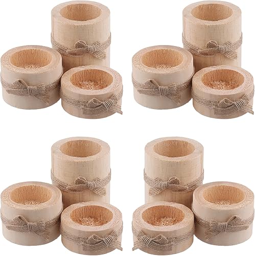 FUNSUEI Paquete de 12 portavelas de madera para velas de té, 3 tamaños, portavelas votivas de madera, portavelas de tronco de madera, portavelas