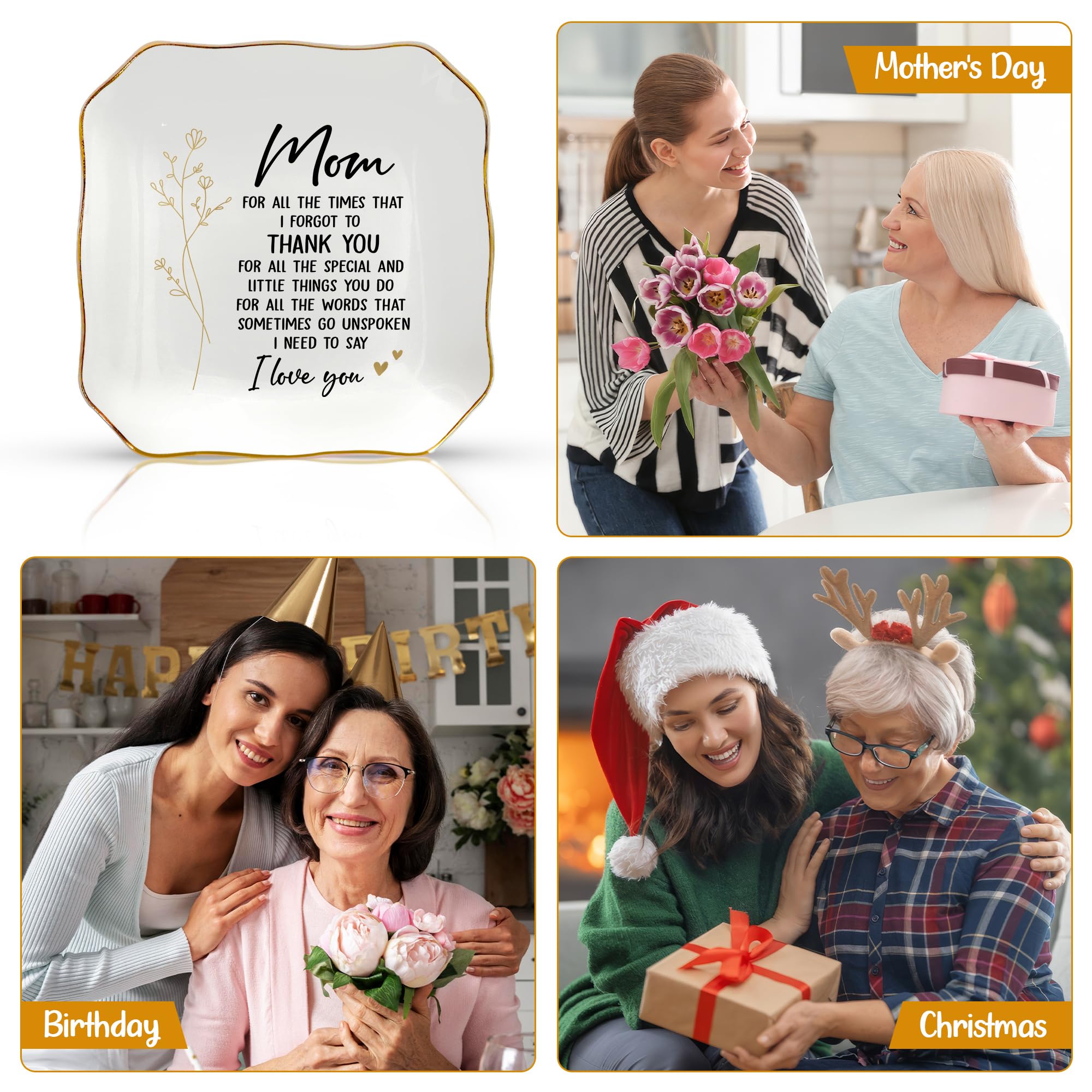Regalos para mamá: Día de la Madre, Navidad, agradecimiento, regalos de cumpleaños para mamá de hija, hijo, mamá, suegra, plato de agradecimiento para anillos y aretes, bandeja de porcelana de 4 x 4