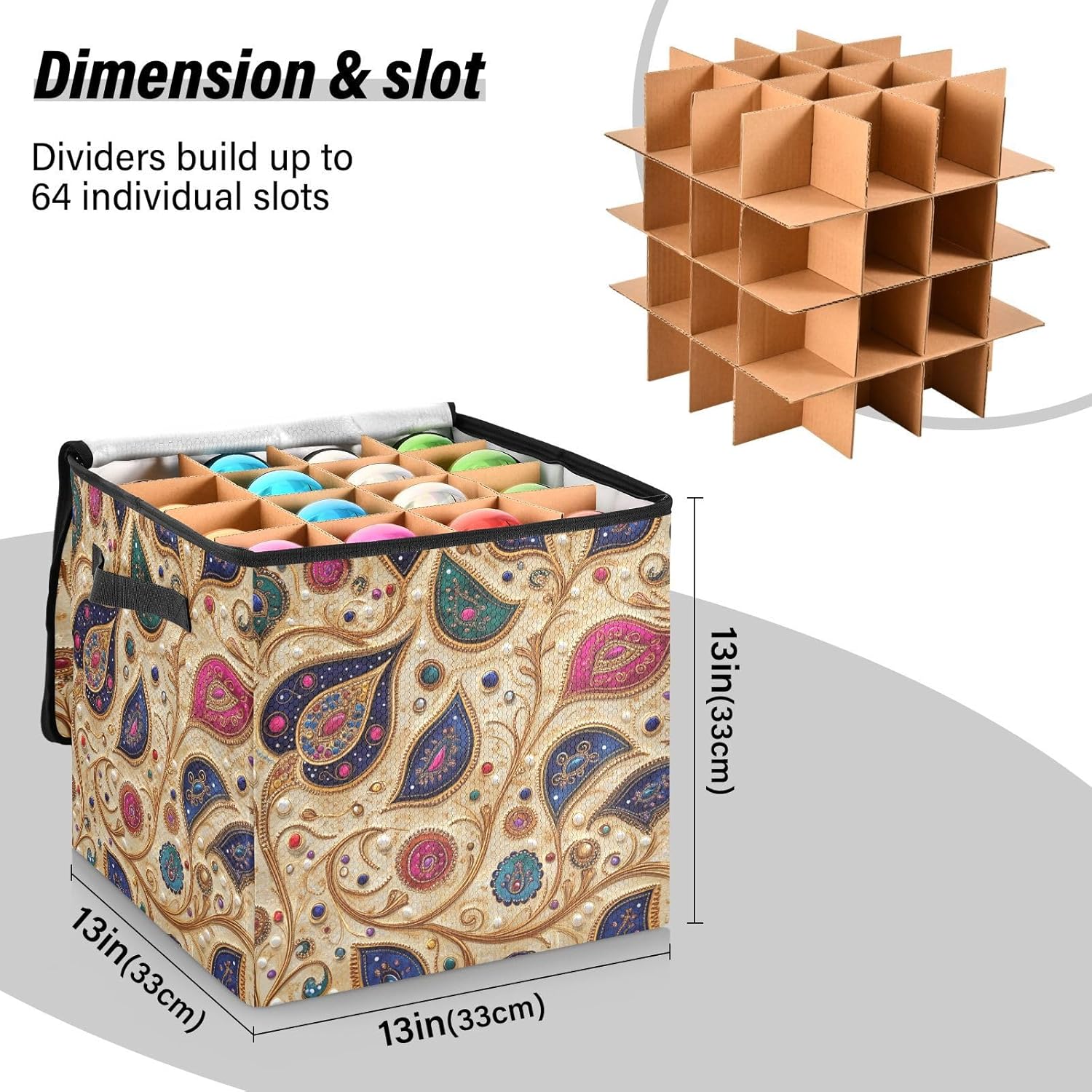High Capacity Christmas ornament storage containers Holds Up to 64, Adjustable Dividers, Zippered Top, Two Handles stackable Decoration Organizer with Lid,Paisley Gem Color Beige