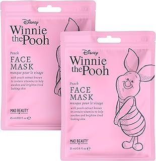 Mad Beauty 2 máscaras faciales Winnie The Pooh Piglet | 2 máscaras faciales de hoja de melocotón de 0.8 oz | Divertido cui...