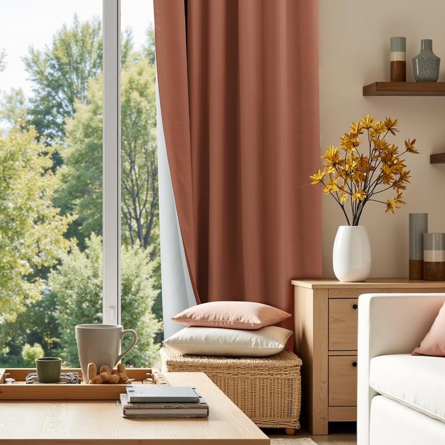 Mrs.Naturall Terracotta Curtains Blackout for Living Room,Boho Linen Rustic Farmhouse Rust Colored Pinch Pleated Black Out Curtains 84 Inches Long for Bedroom 2 Panels Set