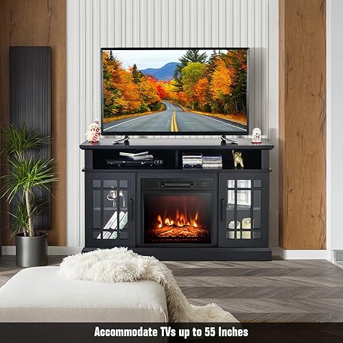 Miniatura 2 de GOFLAME Soporte de TV con chimenea para TV de hasta 55 pulgadas, centro de entretenimiento de madera independiente con chimenea eléctrica de 18