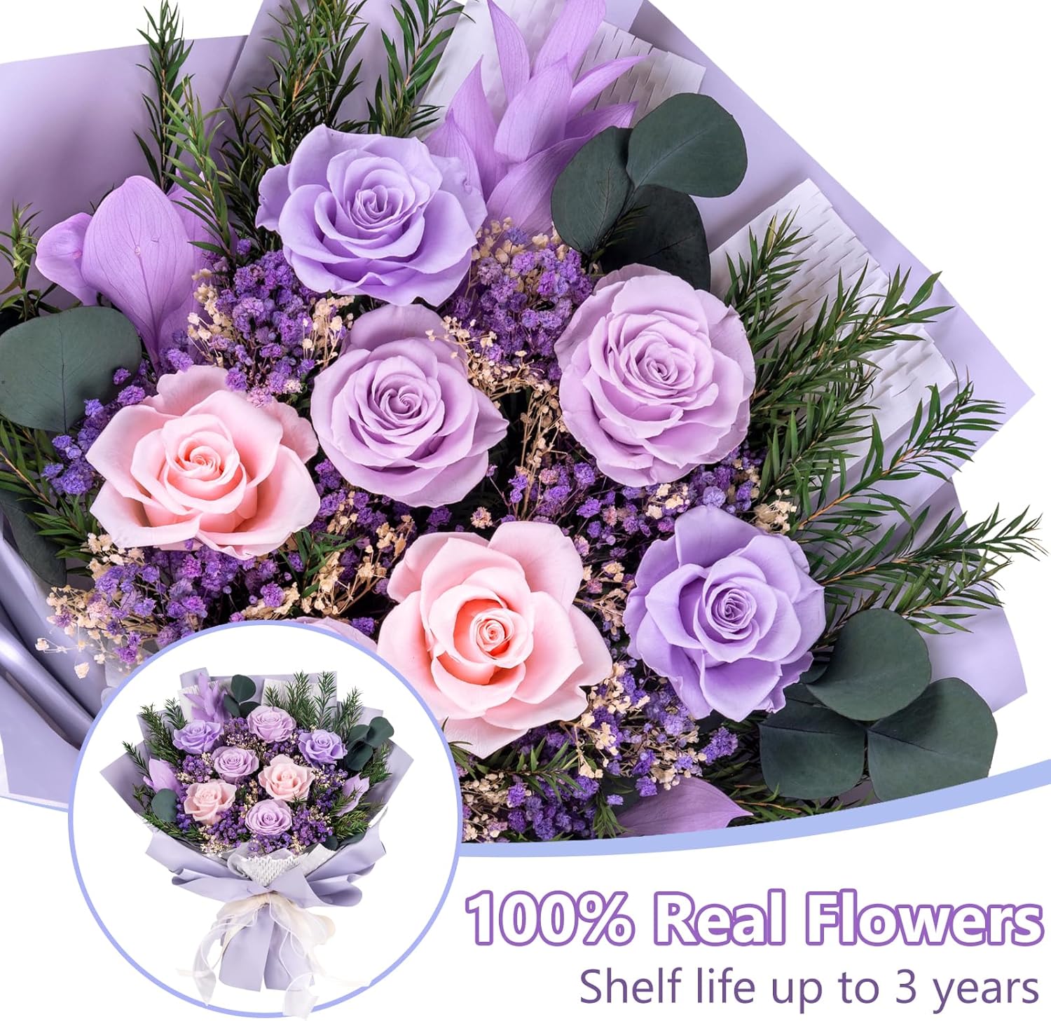 16" Preserved Rose Bouquet with 7 Real Roses – Lasts 3 Years, No Water – Forever Flowers Lavender & Purple Pink Rosas Eternas – Gift for Mother's Day, Anniversary, Birthday – Includes Gift Box & Card - Image 6