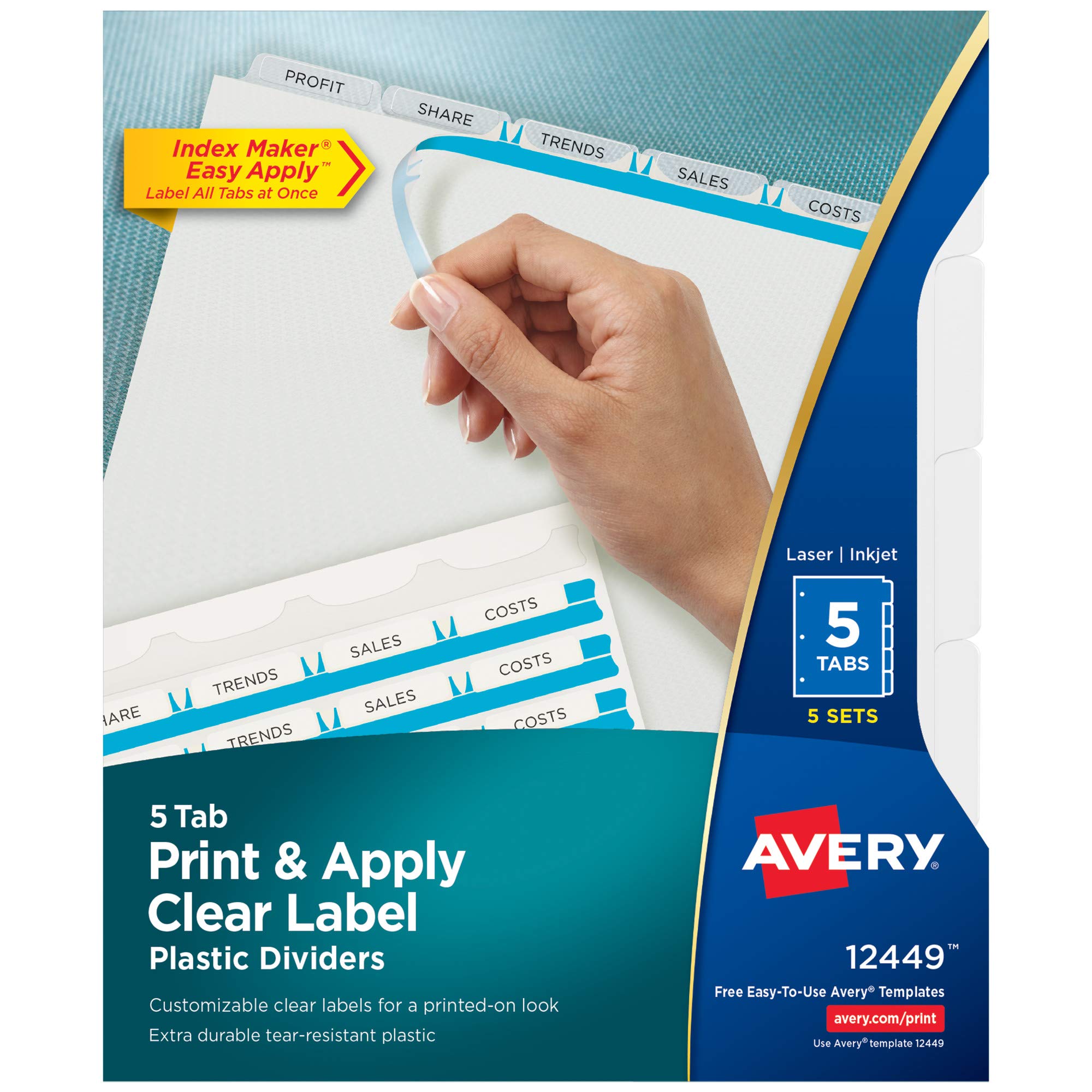 Avery 5 Tab Plastic Dividers For 3 Ring Binder, Easy Print & Apply Clear Label Strip, Index Maker Customizable Frosted White Tabs, Sets (12449)