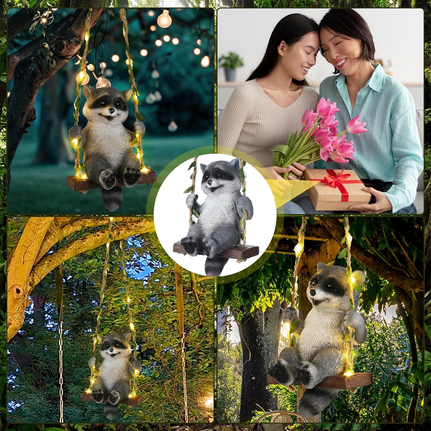 Thyle Solar Light Outdoor Raccoon Statues 19" H Hanging Raccoon on Swing with LED Light Resin Waterproof Hanging Animal Figurine with Hook for Yard Garden Wall Decoration Gift