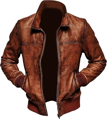 Vintage Waxed Real Lambskin Leather Bomber Jacket for Men