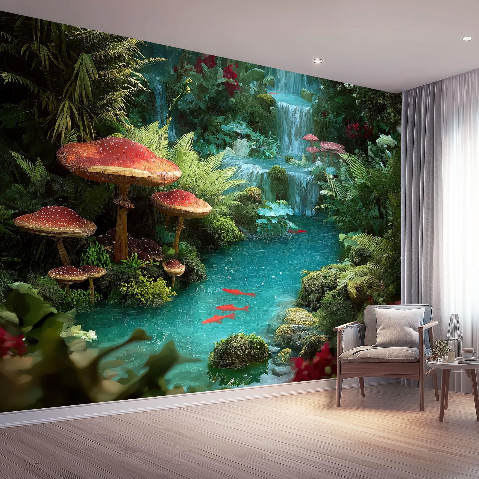 Générique Tajemnica Panoramiczna tapeta - wzór paproci ogród tapeta plakat fototapeta z włókniny 350 x 256 cm, ciemnozielona fototapeta fresk do salonu sypialnia kuchnia tło telewizora