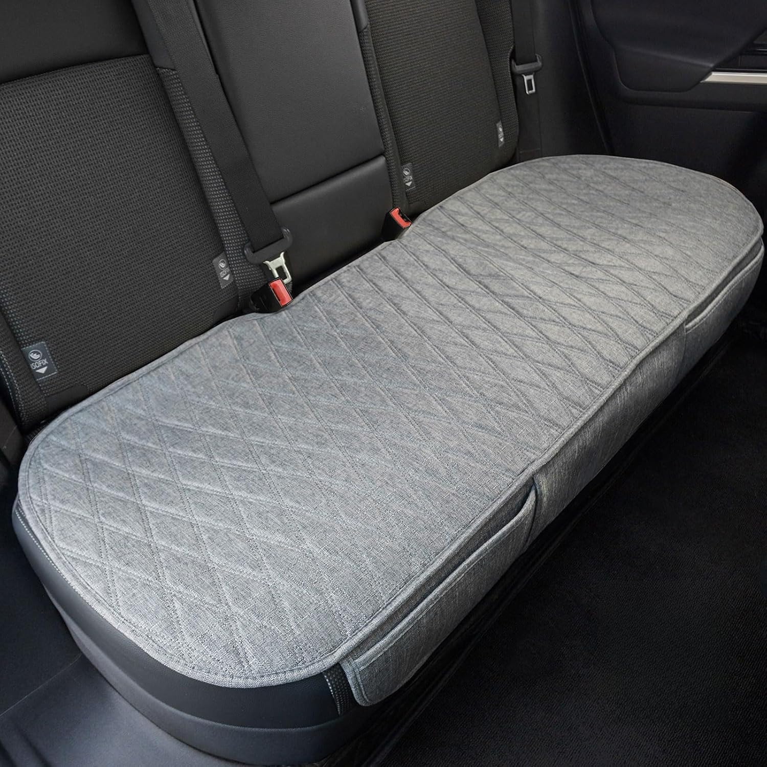 Universal Grey Anti-Slip Rear Car Seat Cover Size M - Faux Linen Bottom Bench Seat Cushion Fits Most of Vehicles Cars Truck SUV Van - Automotive Long Back Seats Protectors with Storage Pocket