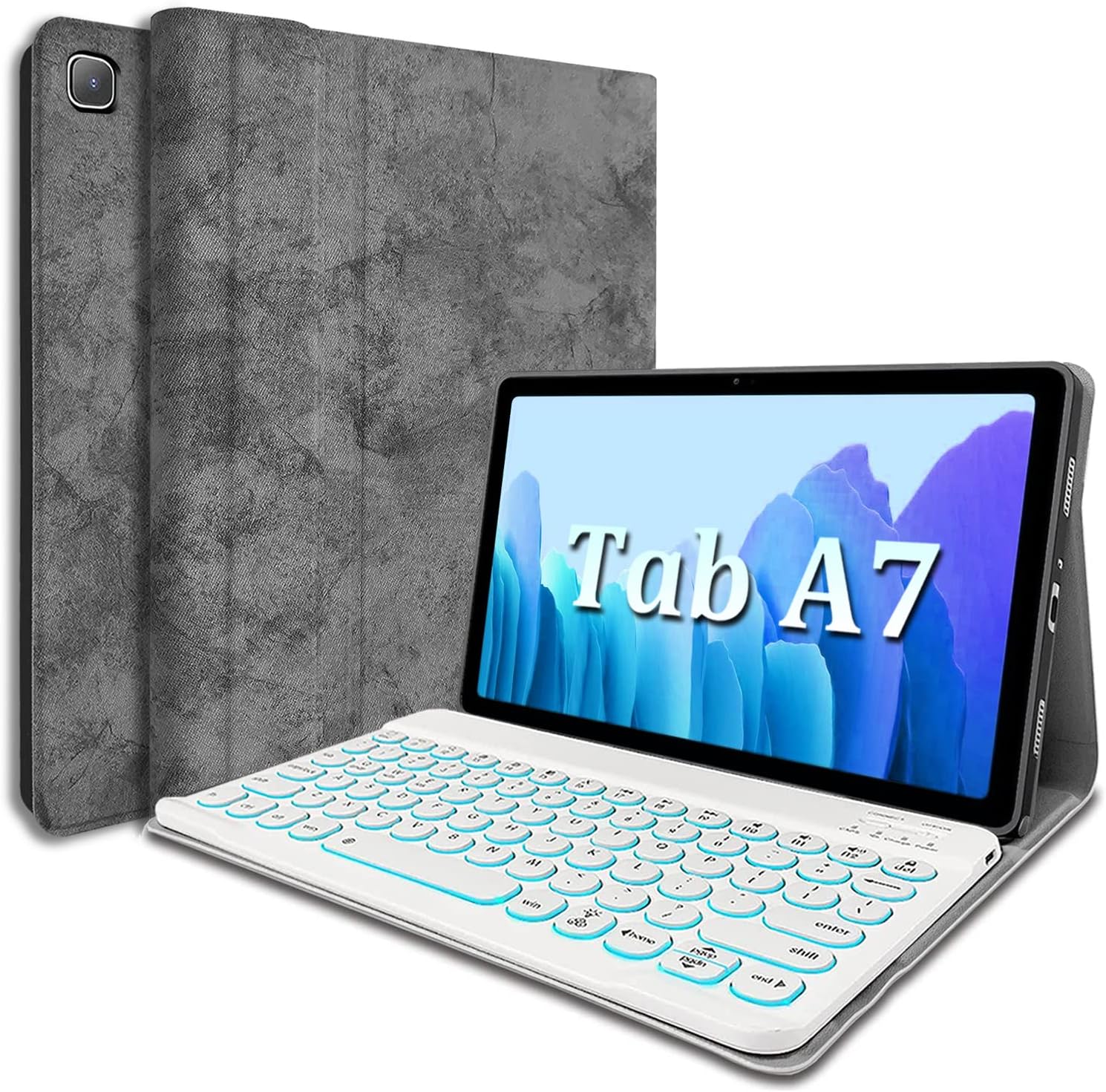 Backlit Keyboard Case for Samsung Galaxy Tab A7 10.4" 2020, 7 Colors Backlight Magnetically Detachable Wireless Keyboard & PU Folio Stand Cover Case for SM-T500, SM-T505, SM-T507 (Gray)