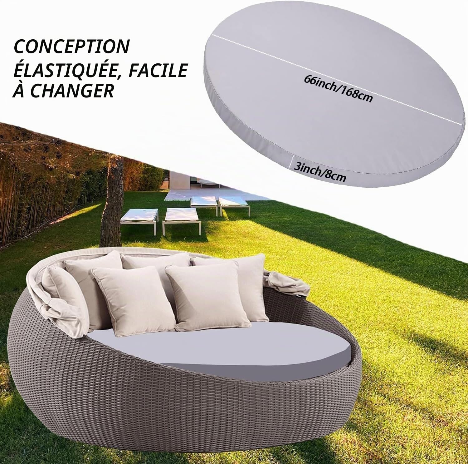 Housse de coussin de rechange ronde lit de soleil d'extérieur facile à installer, 167,6 cm, taille E