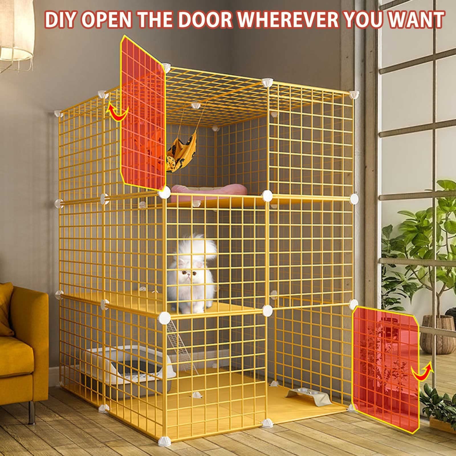 Grande gabbia per gatti, mobiletto per gatti da interno, gabbia per gatti semi-chiusa, recinto per gatti fai da te, cucce in filo metallico staccabili, grande posto per esercizi per piccoli animali,