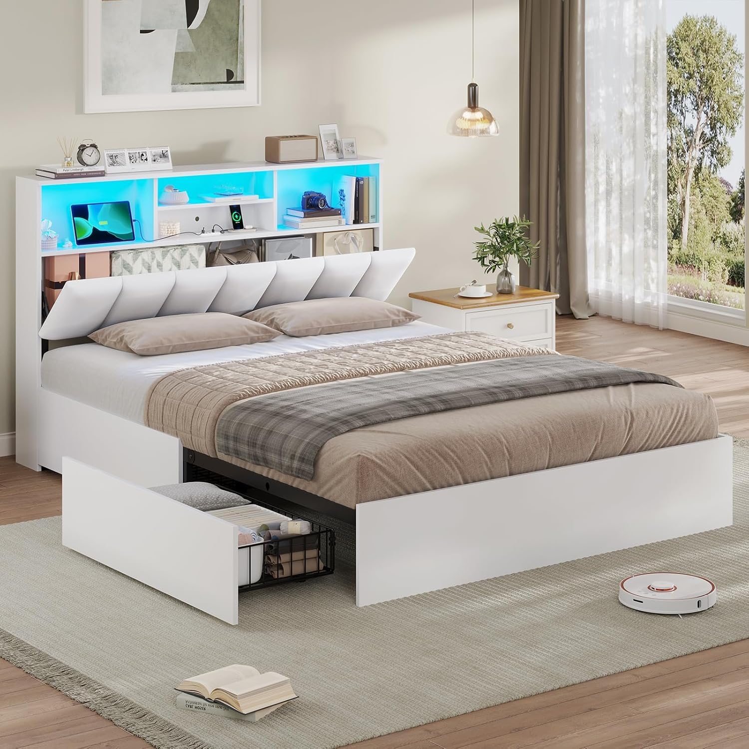 AOGLLATI Letto 140x190 cm con 4 Cassetti Contenitori, Letto Matrimoniale con Illuminazione a LED e Stazione di Ricarica, Struttura Letto con Testiera Imbottita in PU e Vano Nascosto, Bianco