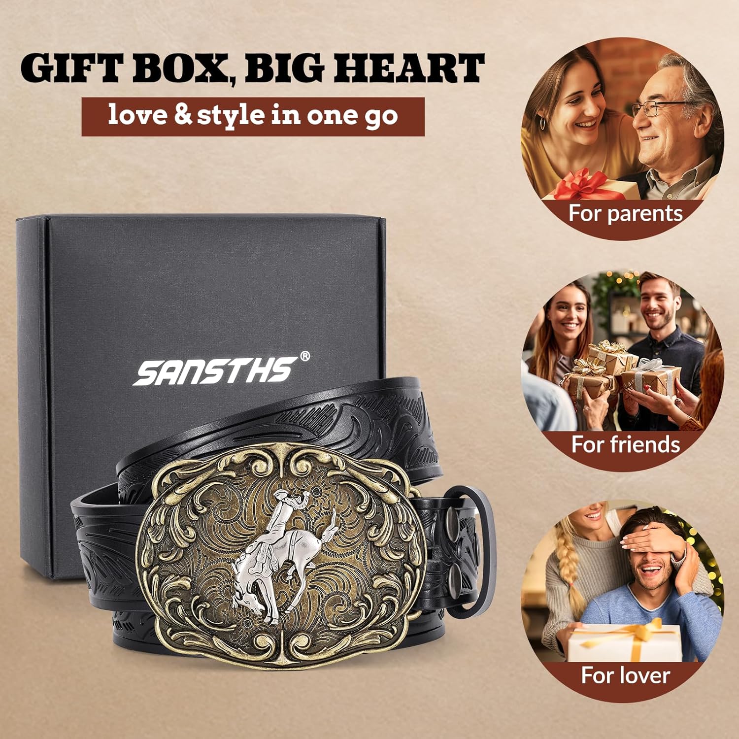 SANSTHS Cowboy Western Belts for Men Women Western Cowboy Buckle Belt Country Cowgirl Mens Leather Belt for Jeans Gifts - Image 6