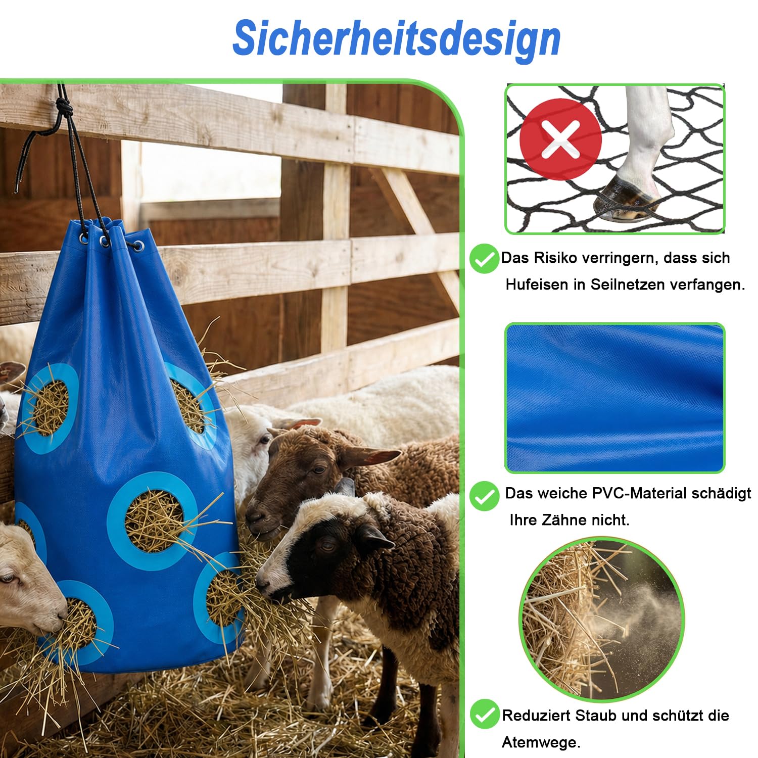 Heunetz für Pferde Verstärktes Futterloch 70x40cm Strapazierfähig Reißfest Blau