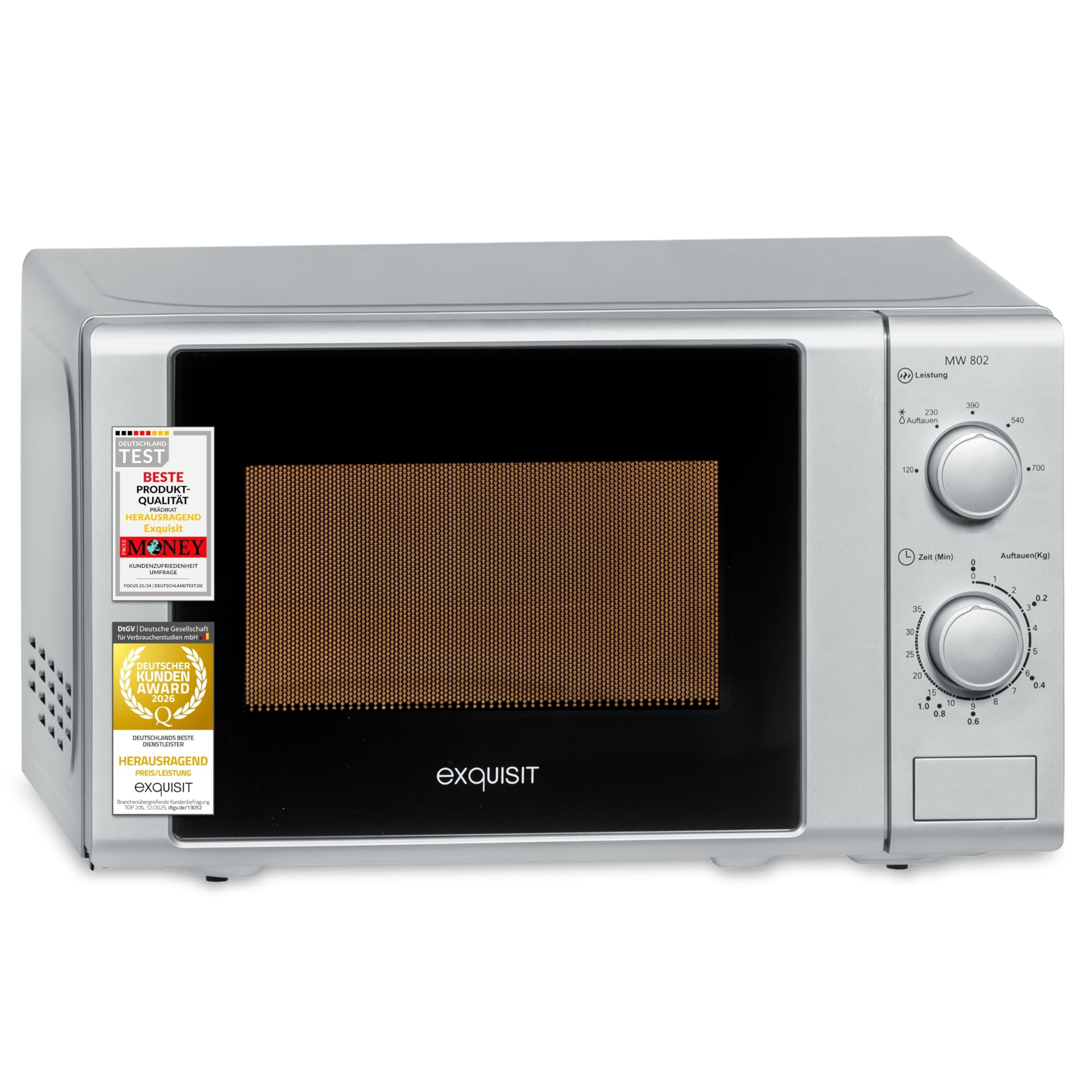 Exquisit Mikrowelle | 20 l Garraum, 700 W Ausgangsleistung, 5 Leistungsstufen, Standgerät | Auftaufunktion, manuelle Steuerung, mechanische Zeitschaltuhr, Glas-Drehteller | MW 802 silber