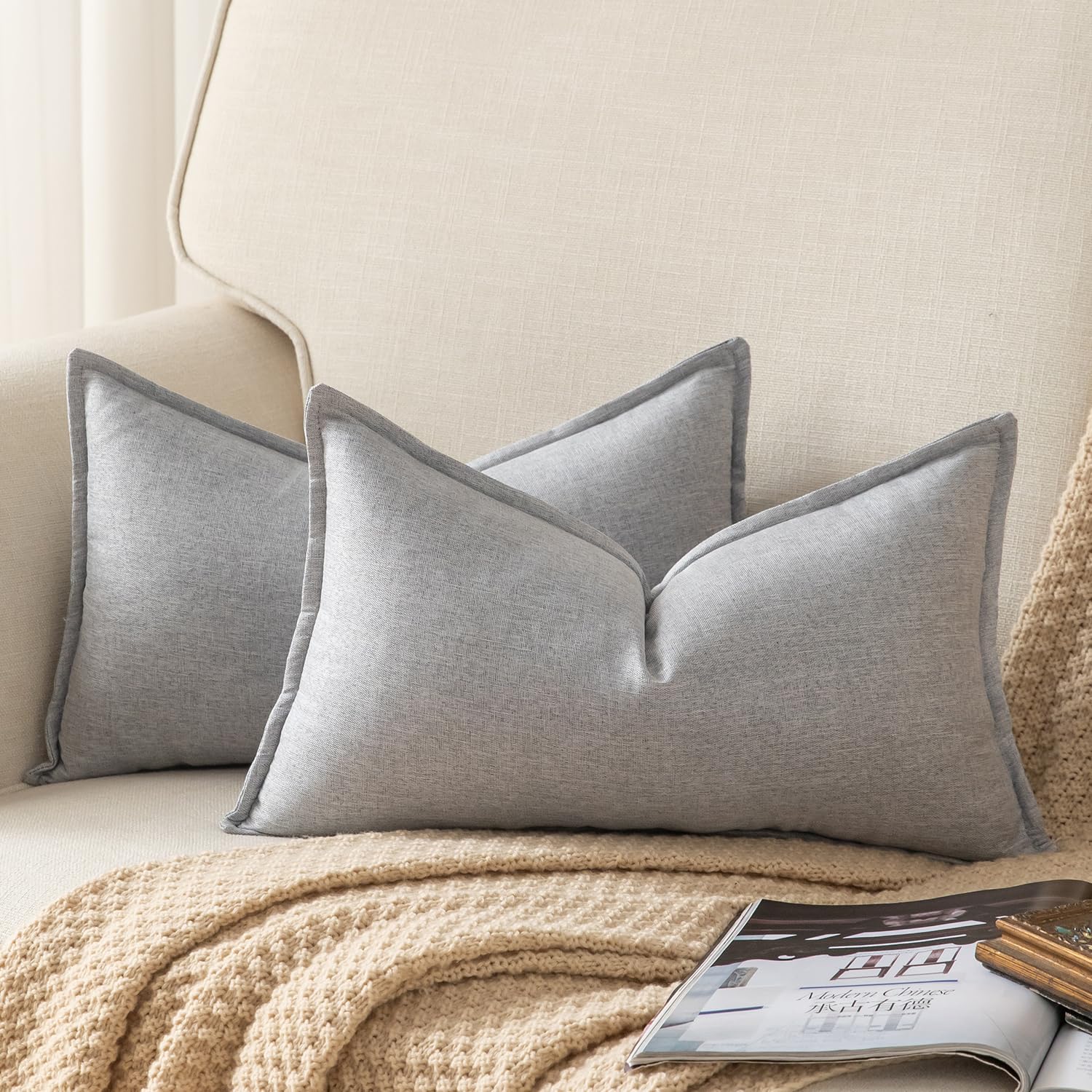 YAERTUN Pack of 2 Decorative Linen Soild Cushion Covers Farmhouse Neutral Throw Pillow Cases for Chair Couch Sofa Bedroom Living Room Home Decor 26 x 26 Inch 65x65 cm Light Gray