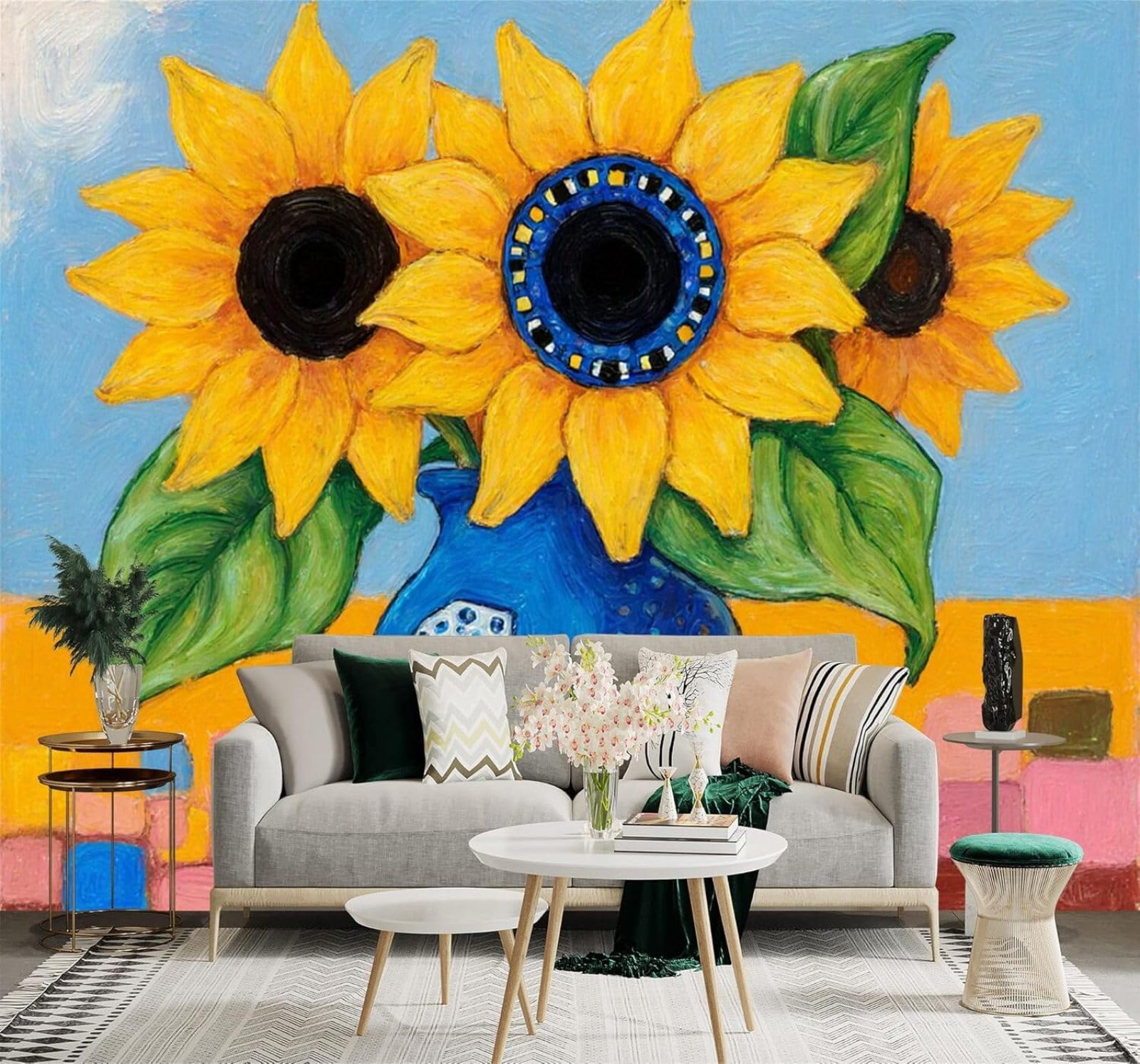 XLMING Creative Blue Vase Sunflowers Vibrant Colours 3D Wallpaper Silky Texture Home Study Office Grey Dining Room Sofa Bedroom Living Room TV Backdrop-300cm×210cm