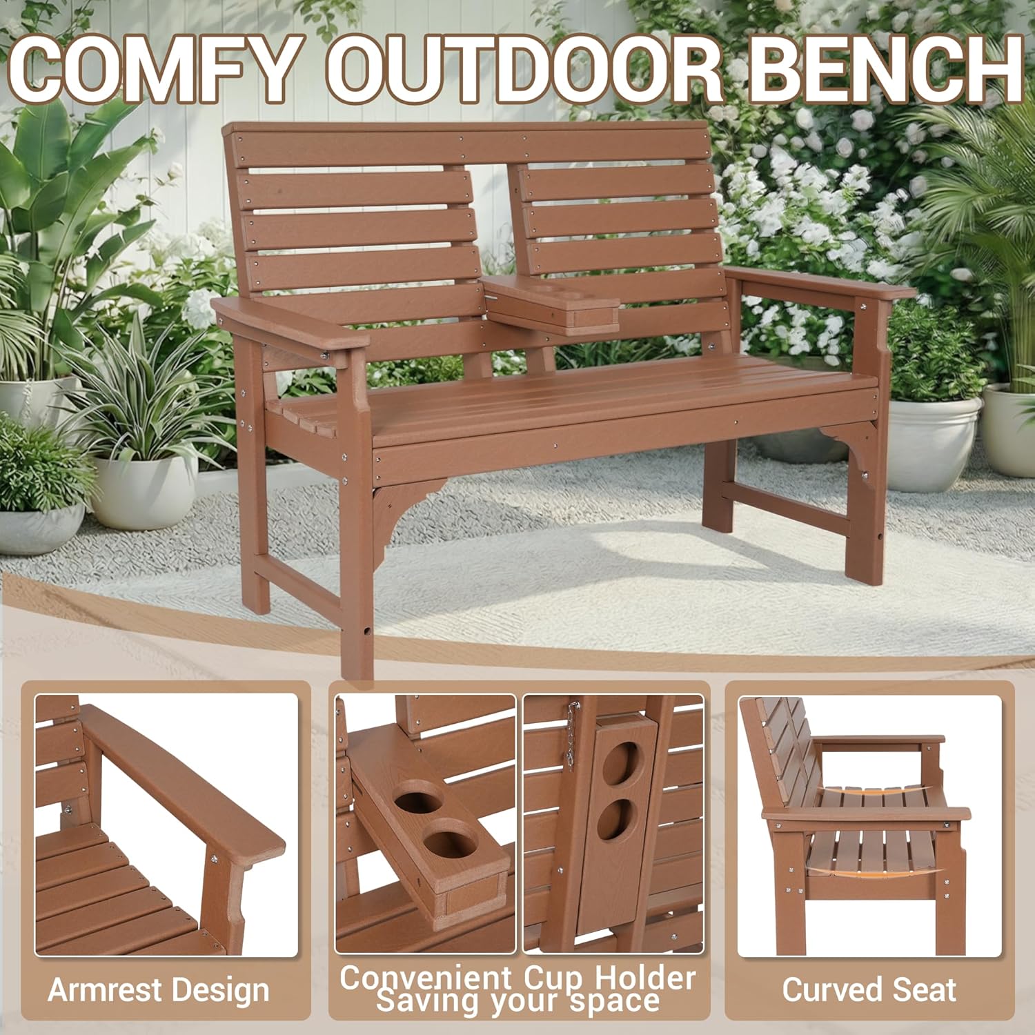 Outdoor Bench with Cup Holders, HDPE 2-Person Weatherproof Patio Benches, Fade/Rot Resistance, Garden Bench for Front Porch Backyard Park, Brown