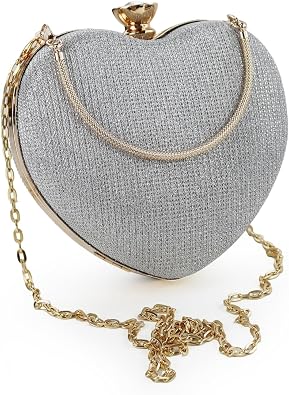 Clutch Purse for Women, Fashion Heart-Shaped Evening Clutch, Sparkling Crossbody Bag with Detachable Chain for Party