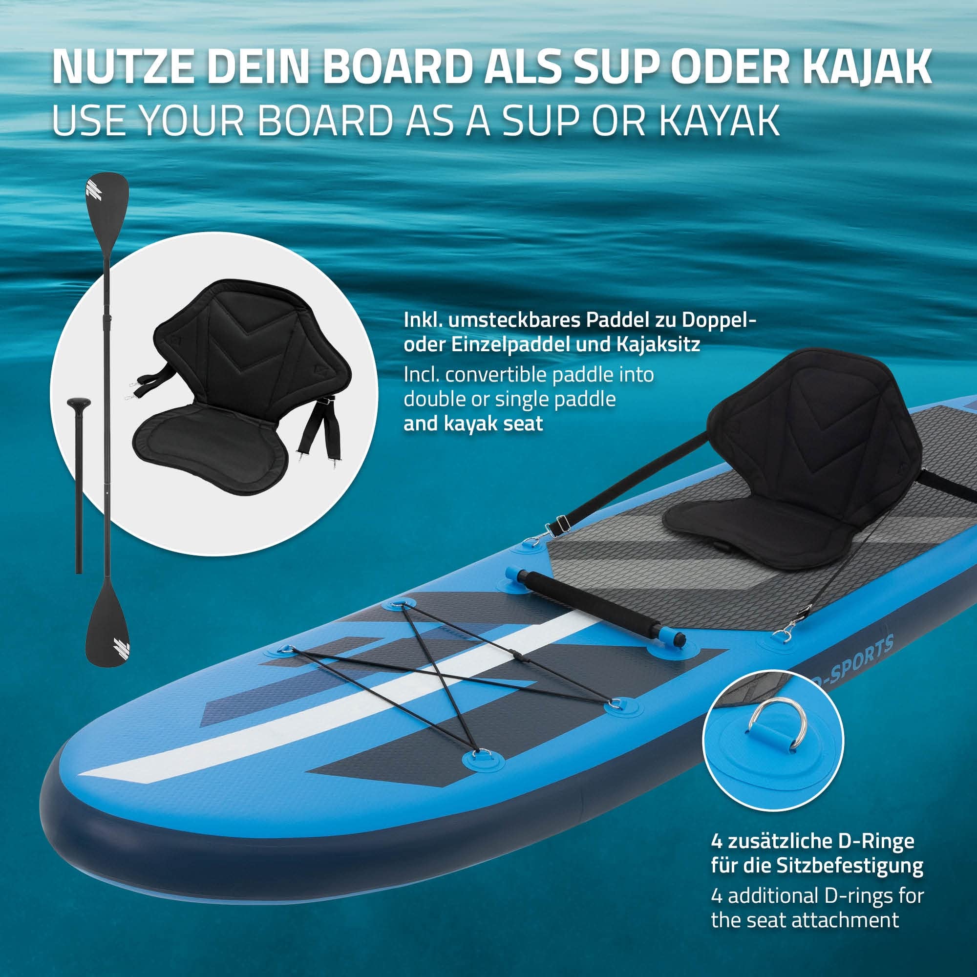 ECD Germany Zestaw nadmuchiwanej deski do wioslowania z siedzeniem do kajaka, niebieski, 305 x 78 x 15 cm, z PVC, wioslo z Alu, kompletne akcesoria, deska SUP z wioslem, deska surfingowa, deska