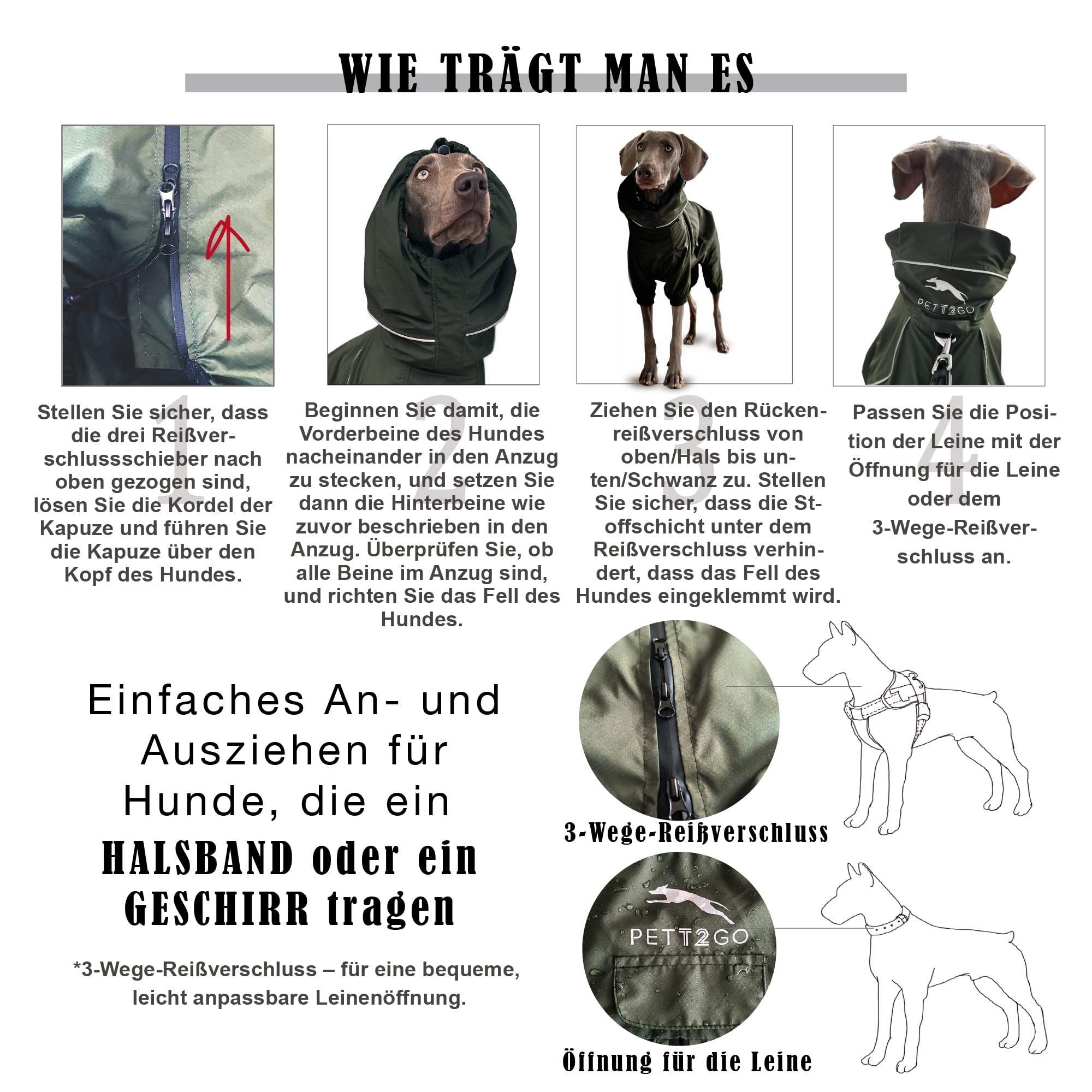 Windjacke, leicht, für Hunde, Mantel mit Beinen, mit Kapuze, Loch für Leine, reflektierend, kompakt – Dunkel Olivgrün-XL (Rüde)