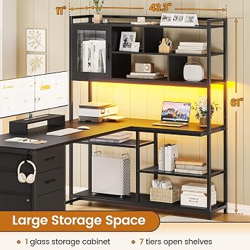 SEDETA 58'' L Shaped Computer Office Desk with 3 Drawers and Bookshelf