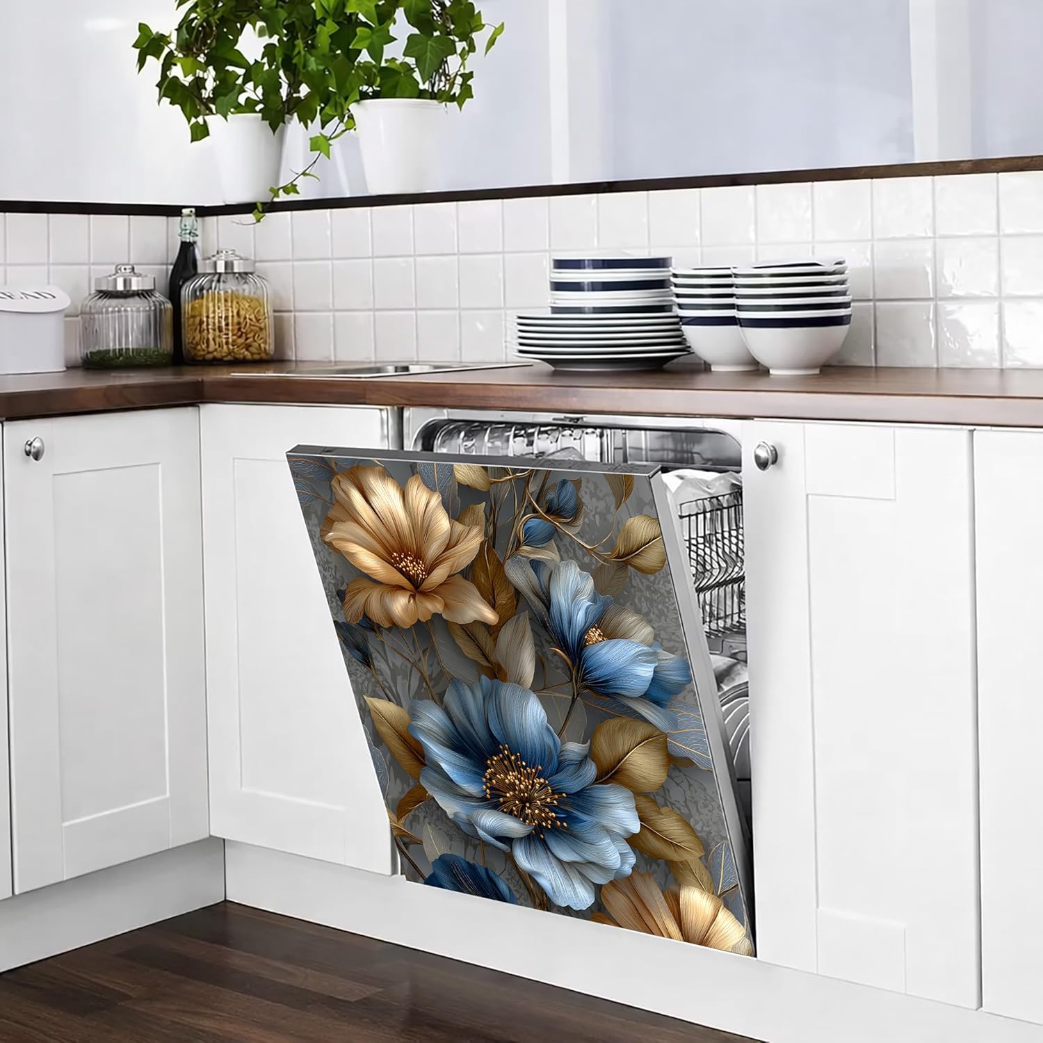 Dishwasher Cover Decal 23x26 in, Luxury Blue & Gold Floral Dishwasher Door Wrap, Elegant Botanical Appliance Front Cover Sticker, Water-Resistant Wipe-Clean Removable Peel (Blue/Gold)