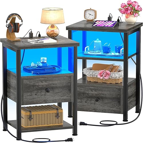 Juego de 2 mesitas de noche con luces LED, soporte de noche de 3 niveles con estación de carga, mesa auxiliar con cajón de madera ajustable, mesita