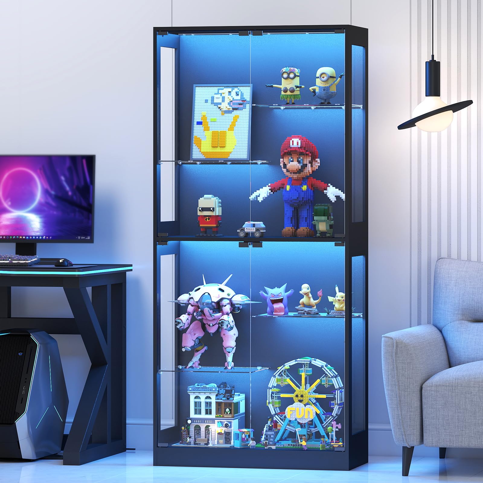 Lamtor Glasvitrinen Stehend mit LED Beleuchtung – 175 cm Glas Vitrinenschrank Wohnzimmer, Vitrine mit Verstellbares Regal, APP & Remote Control 6000+RGB (Schwarz)