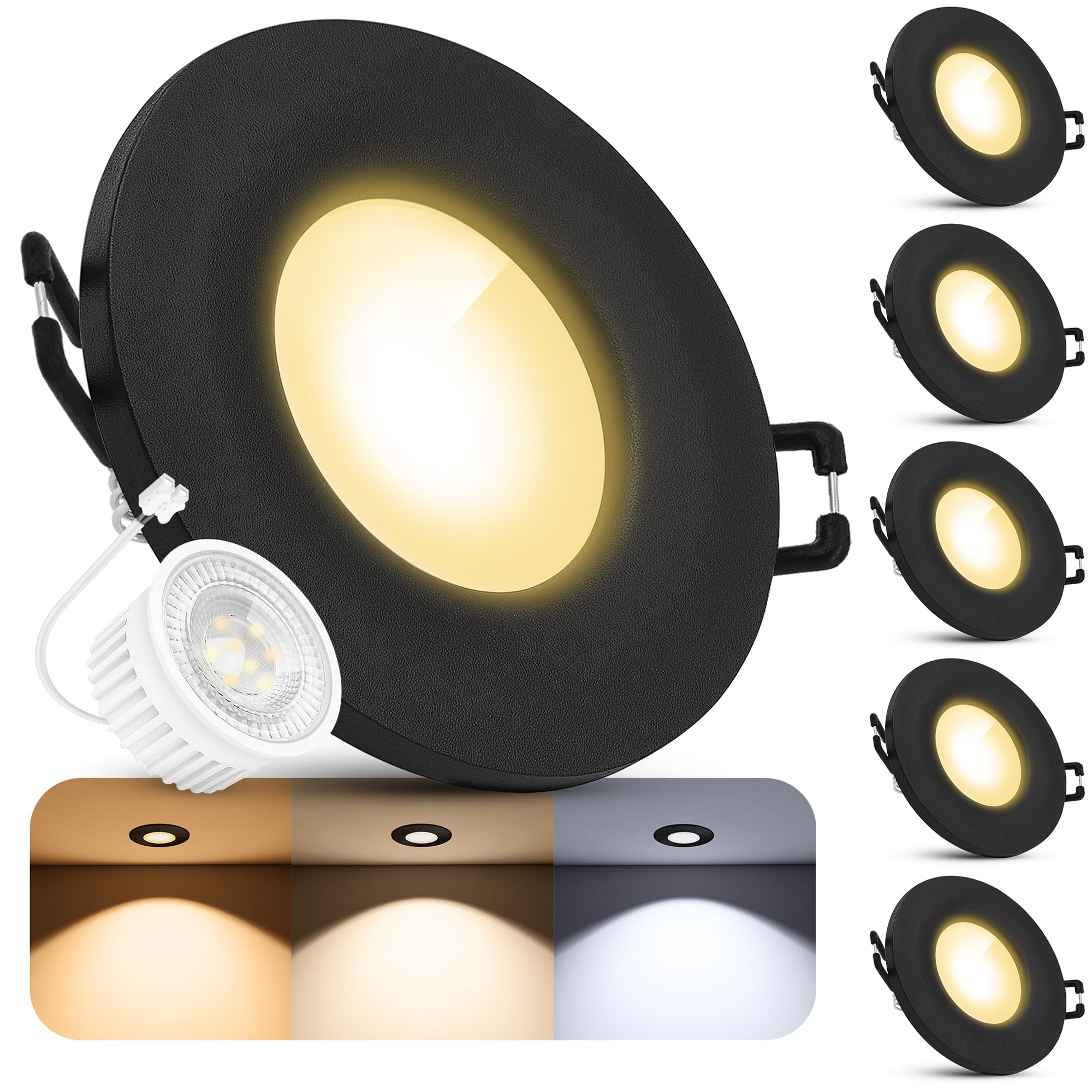 SSC-LUXon BEDA Einbaustrahler 6er Set schwarz IP65 GU10 5W 3 Lichtfarben | Sechs Deckenspots IP65 schwarz matt - warm / neutral / kalt, für Bad, Küche & Flur, blendfrei, inkl. GU10 LED
