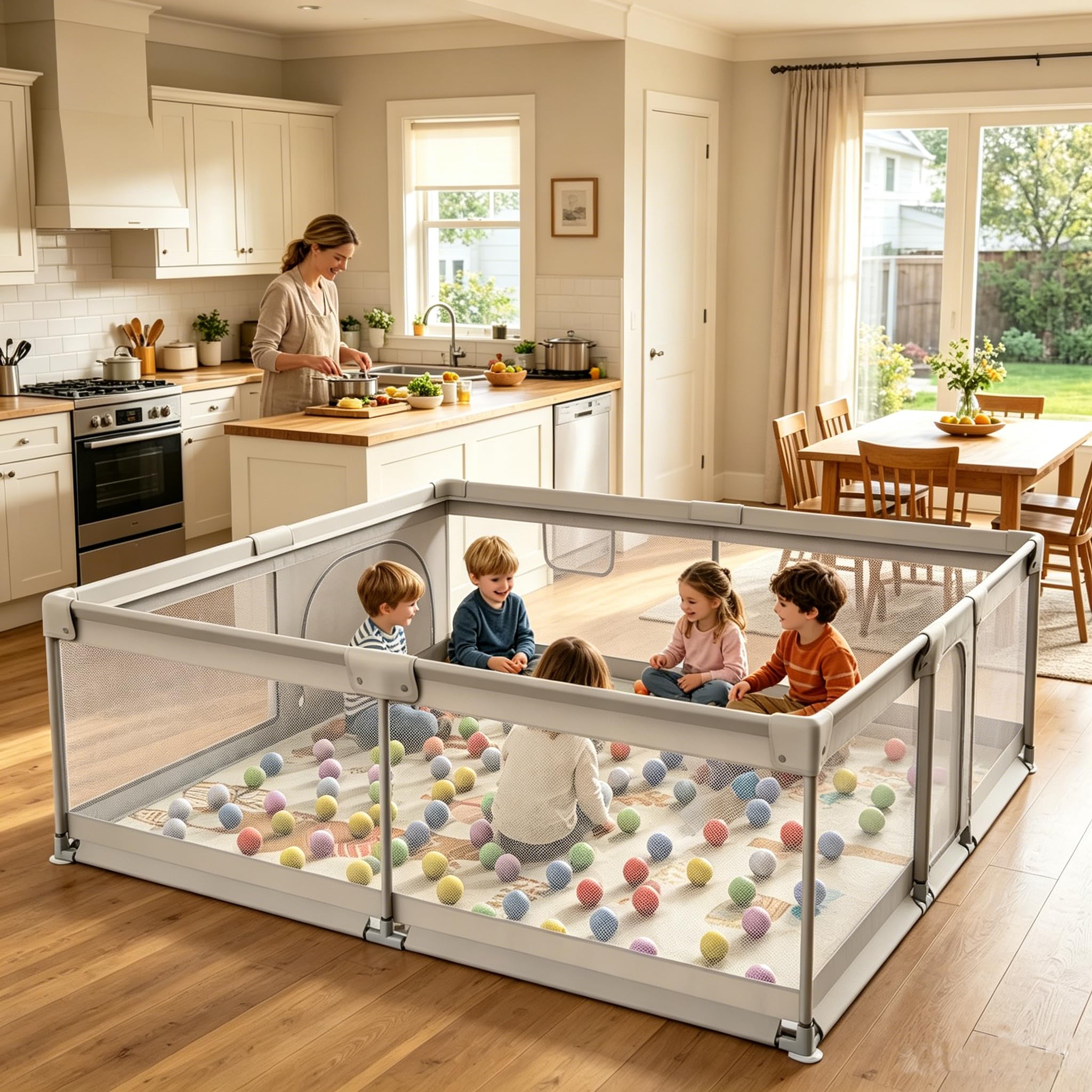 Parque Infantil Bebe,150x180cm Corralito Bebe Con Alfombra,50 Bolas,Extra Grande XXL Parque De Juegos,Parque Bebes para Casa Plegable Con Malla Transpirable en Los Cuatro Lados y Ventosas