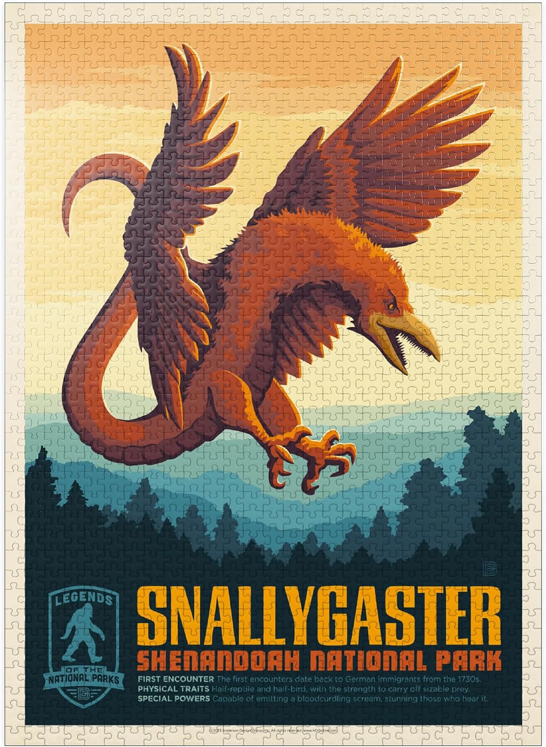 MyPuzzle Legends of The National Parks: Shenandoah's Snallygaster, Vintage Poster - Premium 100 Piece Jigsaw Puzzle for Adults