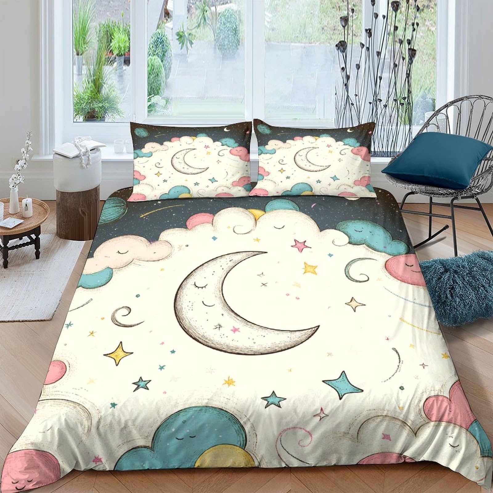 Ctjqhvkz Style-10 3D Printed Moon Cloud Fitted Sheet Microfiber Soft Pastel Star Mattress Cover For Bedroom Dorm Room Decor Single（135X200cm）