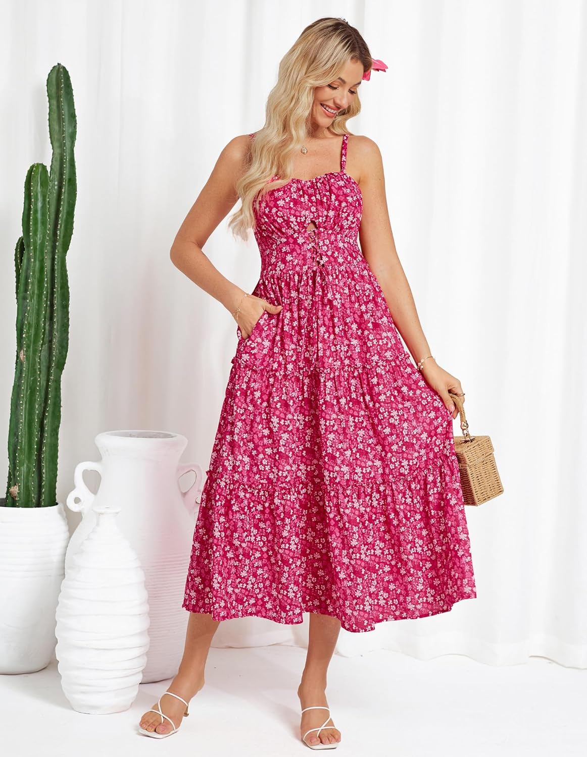 GRACE KARIN Women's Summer Floral Dress 2026 Boho Spaghetti Strap Smocked Tiered Casual Maxi Long Sundress with Pockets - Image 5