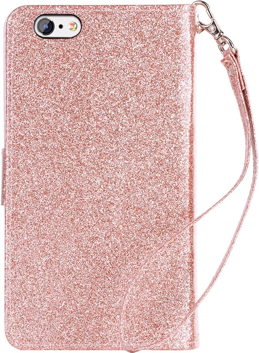 iPhone 6S Case,iPhone 6 Wallet Case,BENTOBEN Shiny Bling Folio Style Wallet Case Credit Card Slots Cash Holder Wrist Strap Magnetic Premium Protective PU Leather Flip Cover for iPhone 6S/6, Rose Gold