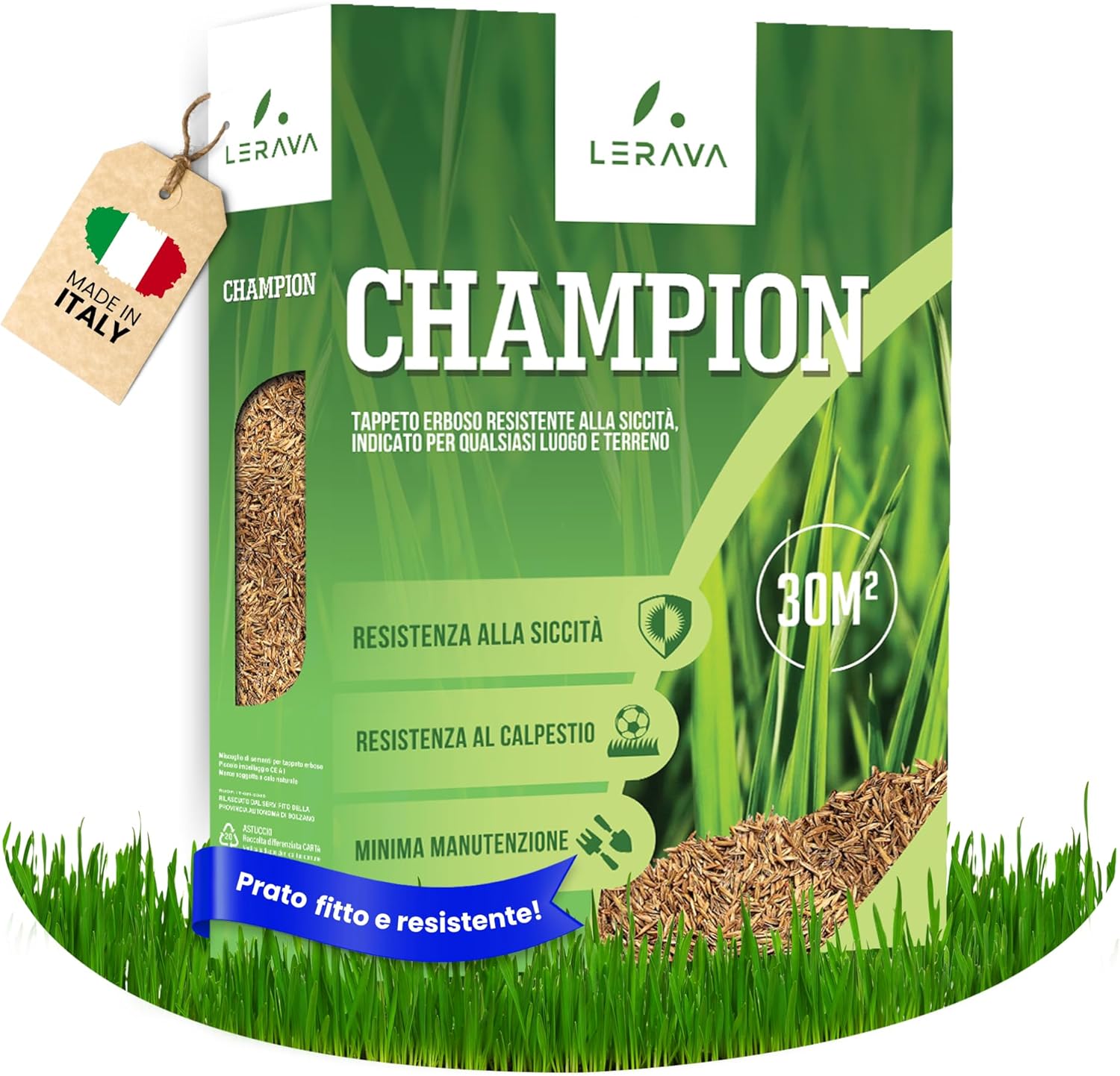 LERAVA CHAMPION semi prato (30m²) - festuca arundinacea di qualità - resistente a siccità e alte temperature - prato verde scuro fine - ideale per giardini e spazi verdi